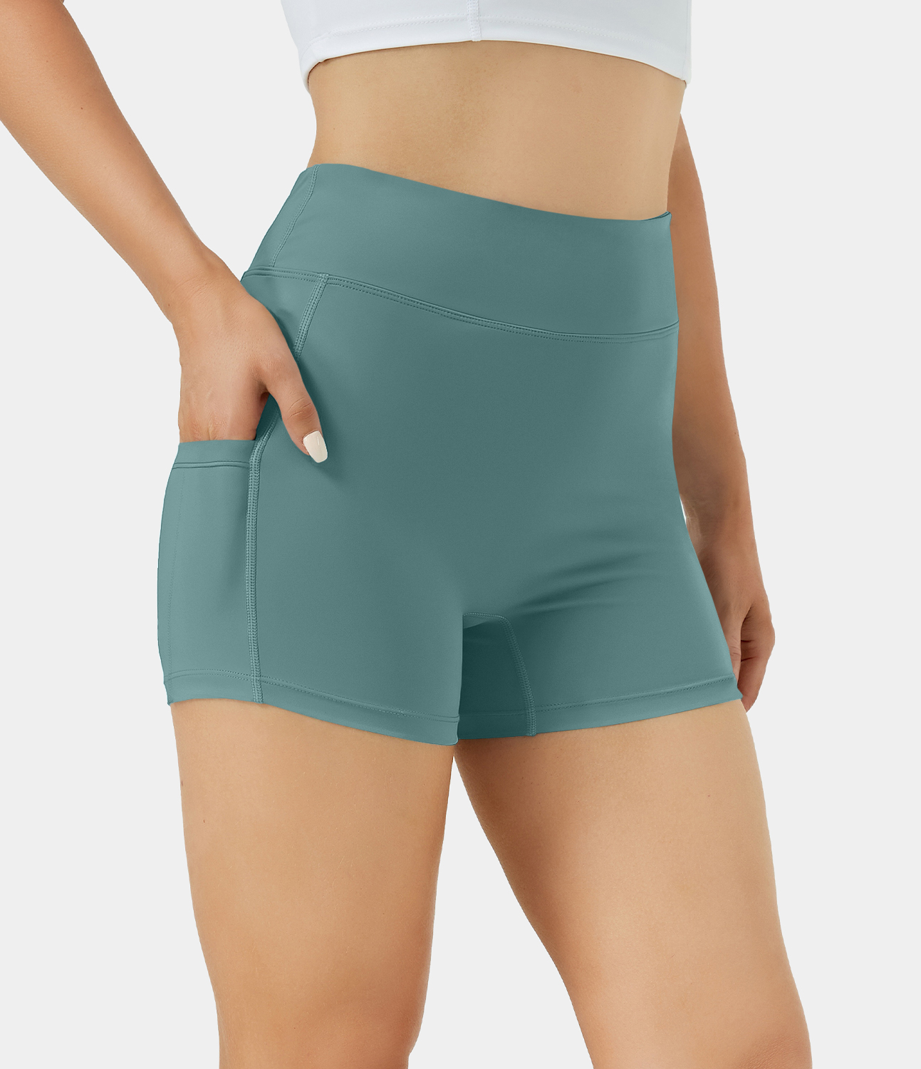 Airy High Waisted Side Pocket Plain Yoga Shorts 3.5"-UPF50+