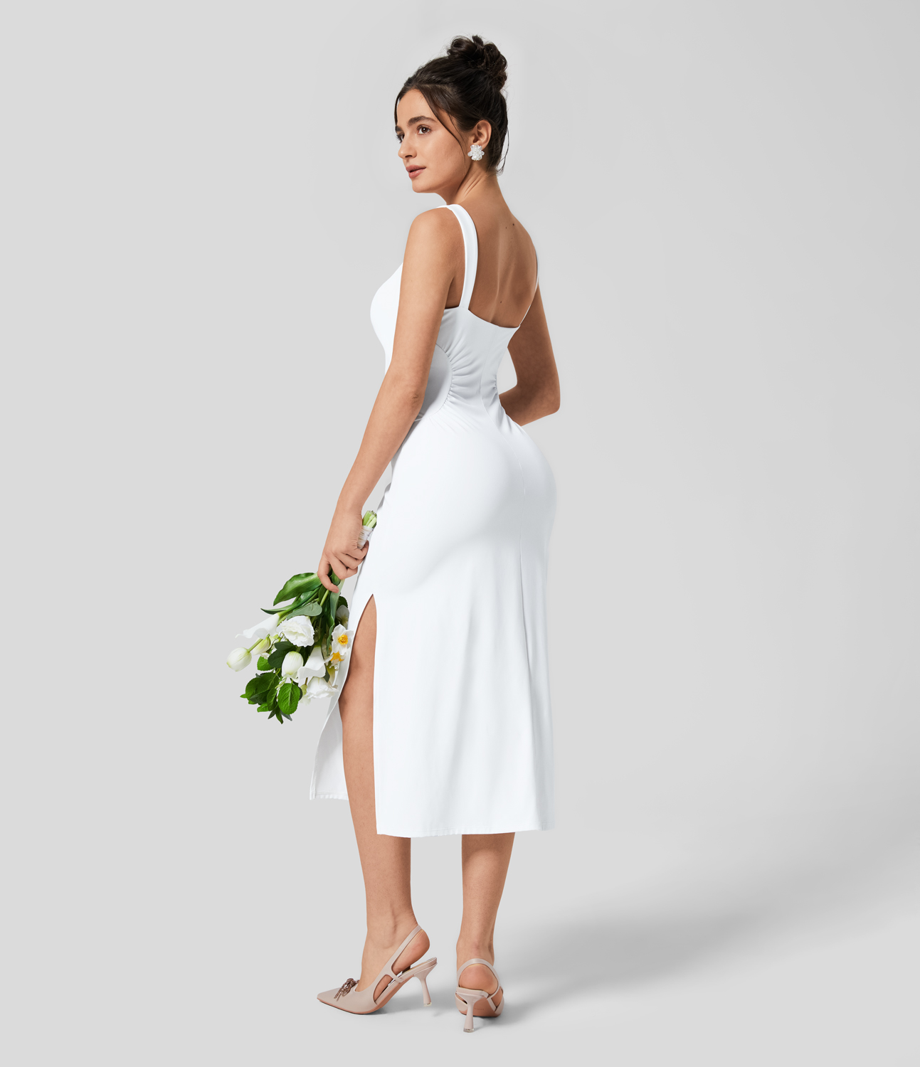 Airy Square Neck Ruched Split Midi Cool Touch Bridesmaid and Wedding Guest Dress-UPF50+