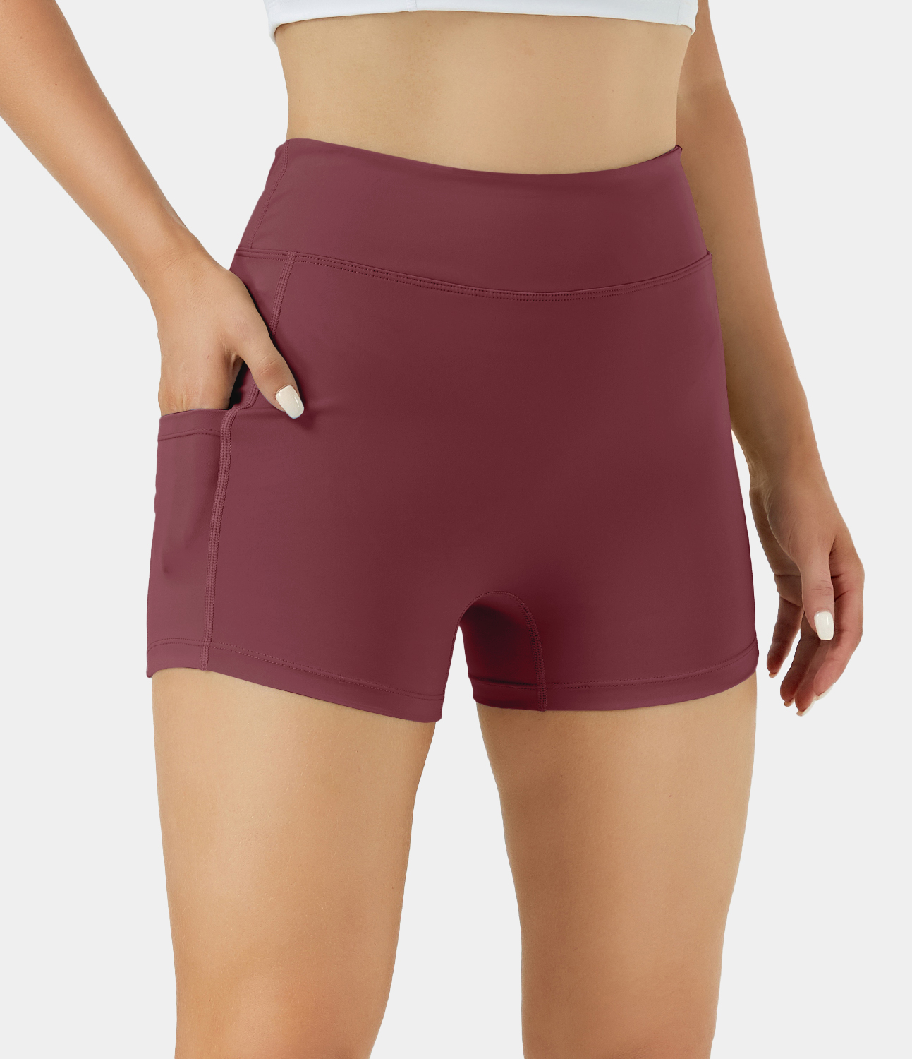 Airy High Waisted Side Pocket Plain Yoga Shorts 3.5"-UPF50+
