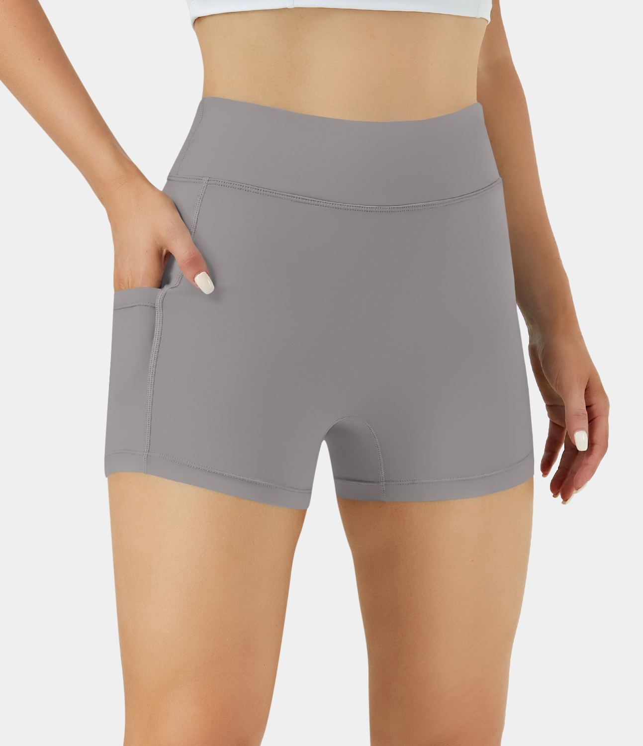 Airy High Waisted Side Pocket Plain Yoga Shorts 3.5"-UPF50+