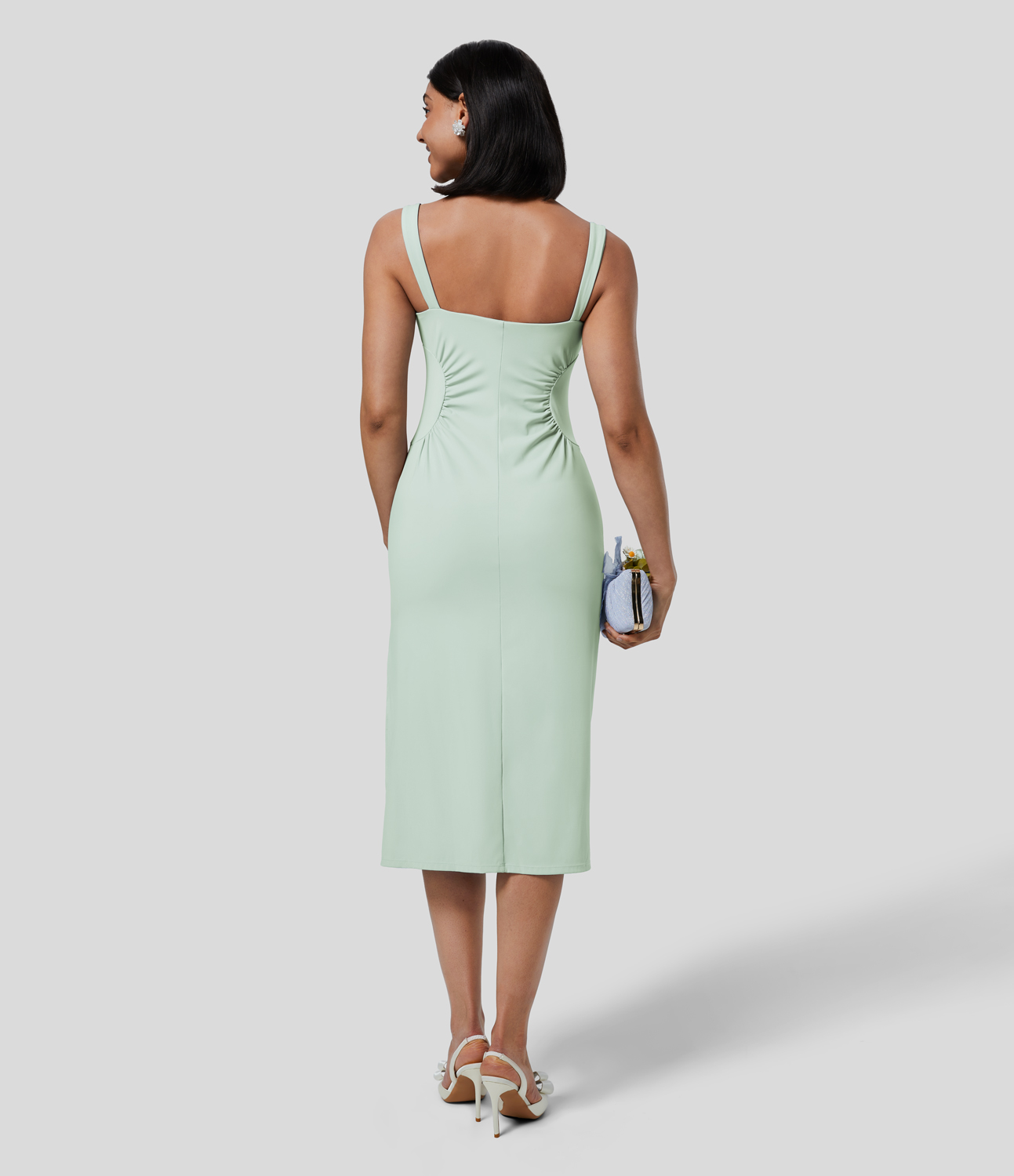 Airy Square Neck Ruched Split Midi Cool Touch Bridesmaid and Wedding Guest Dress-UPF50+