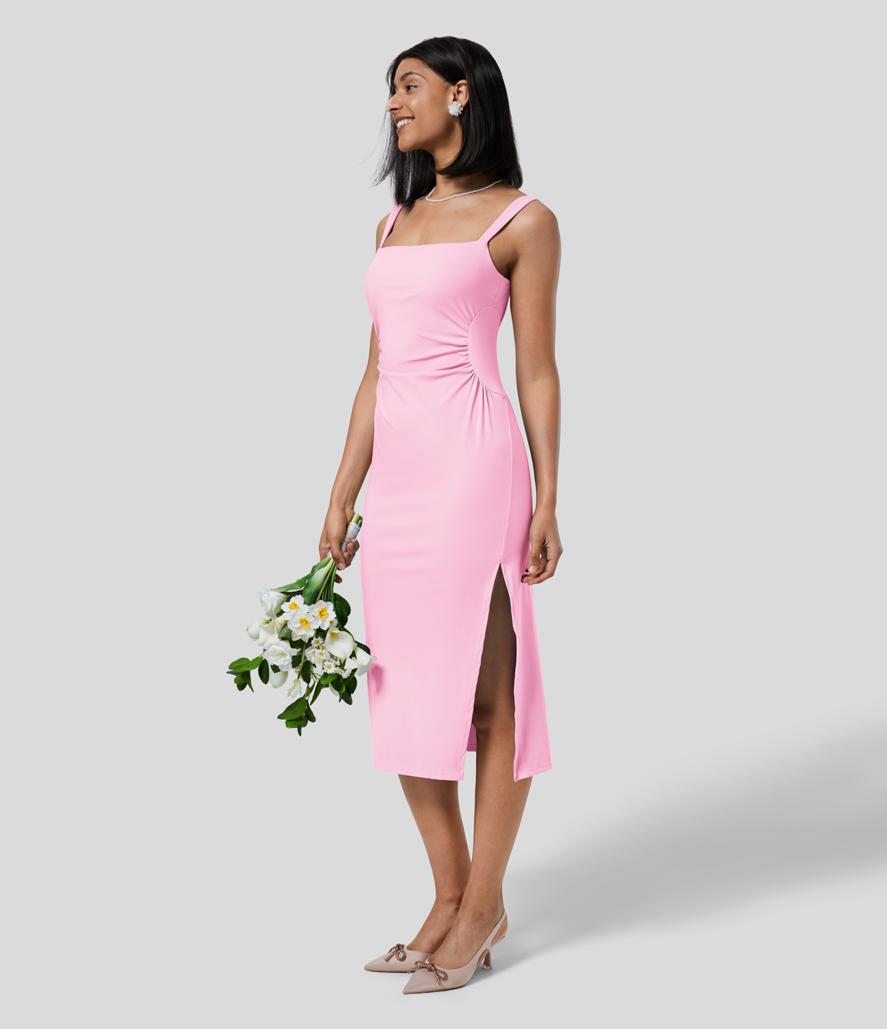 Airy Square Neck Ruched Split Midi Cool Touch Bridesmaid and Wedding Guest Dress-UPF50+