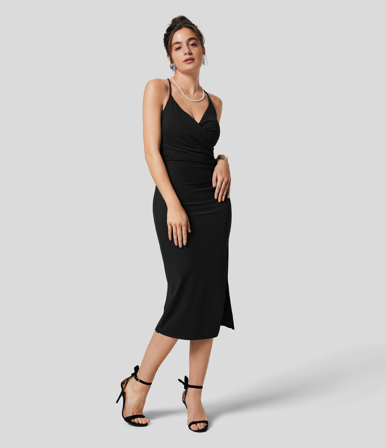 Airy Crossover Ruched Backless Lace Up Split Bodycon Cool Touch Bridesmaid and Wedding Guest Dress-UPF50+