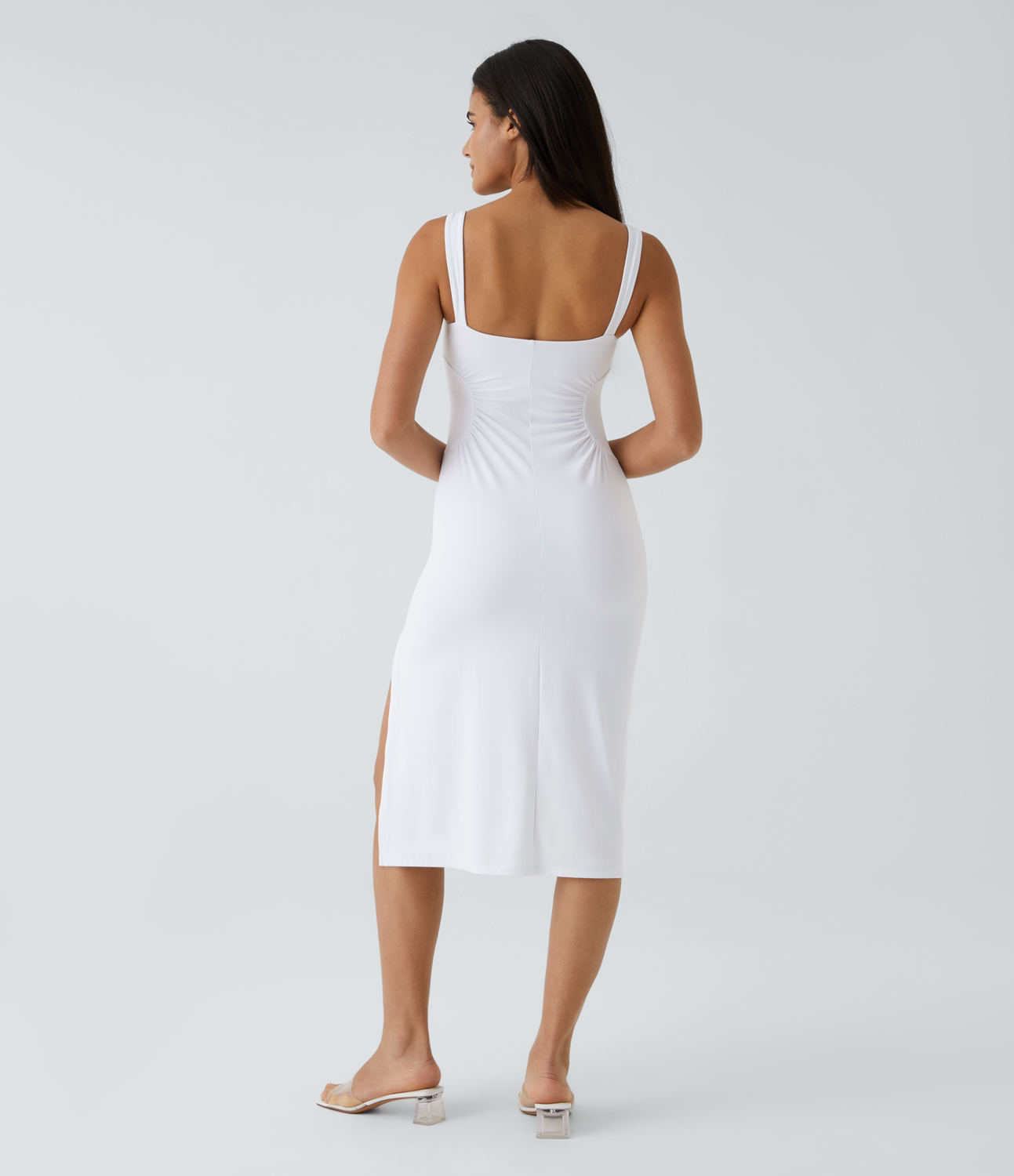Airy Square Neck Ruched Split Midi Cool Touch Bridesmaid and Wedding Guest Dress-UPF50+