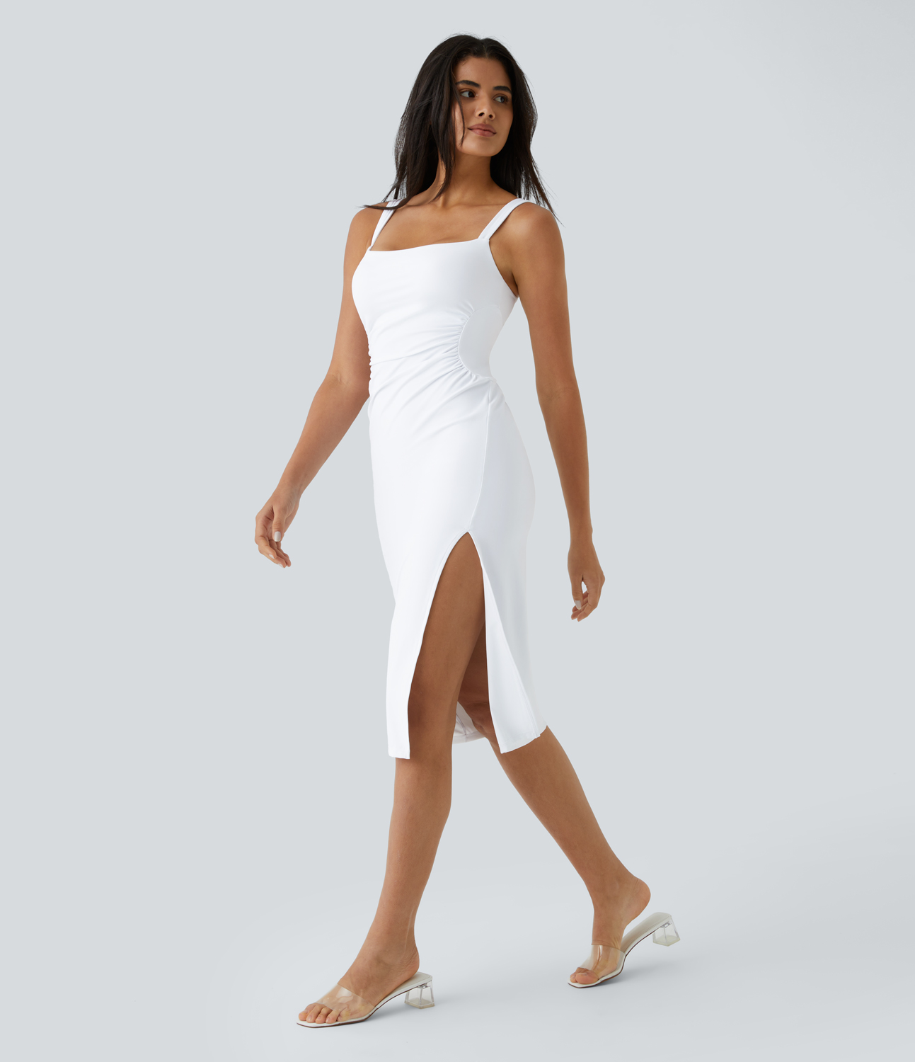 Airy Square Neck Ruched Split Midi Cool Touch Bridesmaid and Wedding Guest Dress-UPF50+