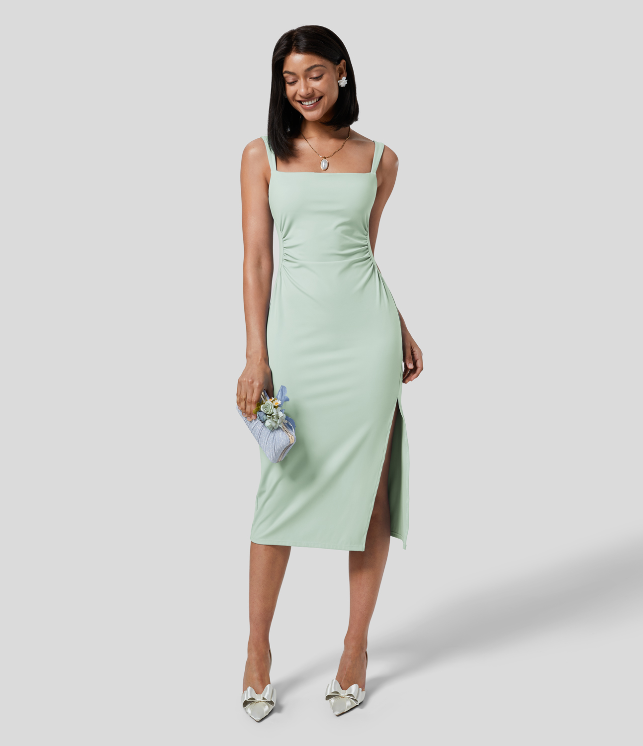 Airy Square Neck Ruched Split Midi Cool Touch Bridesmaid and Wedding Guest Dress-UPF50+