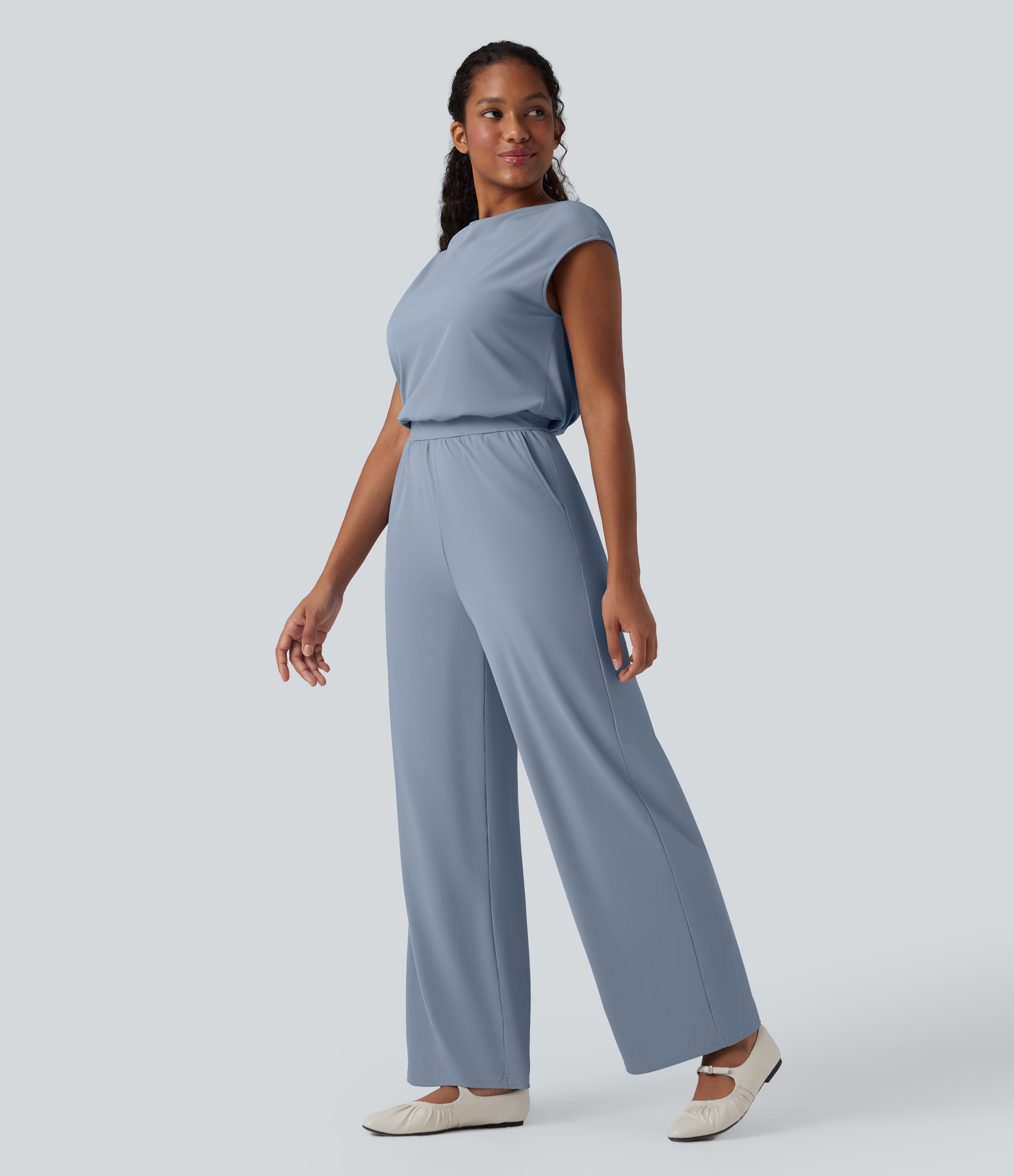  Airy Cowl Neck Cap Sleeve Straight Leg Cool Touch Casual Jumpsuit with Pockets