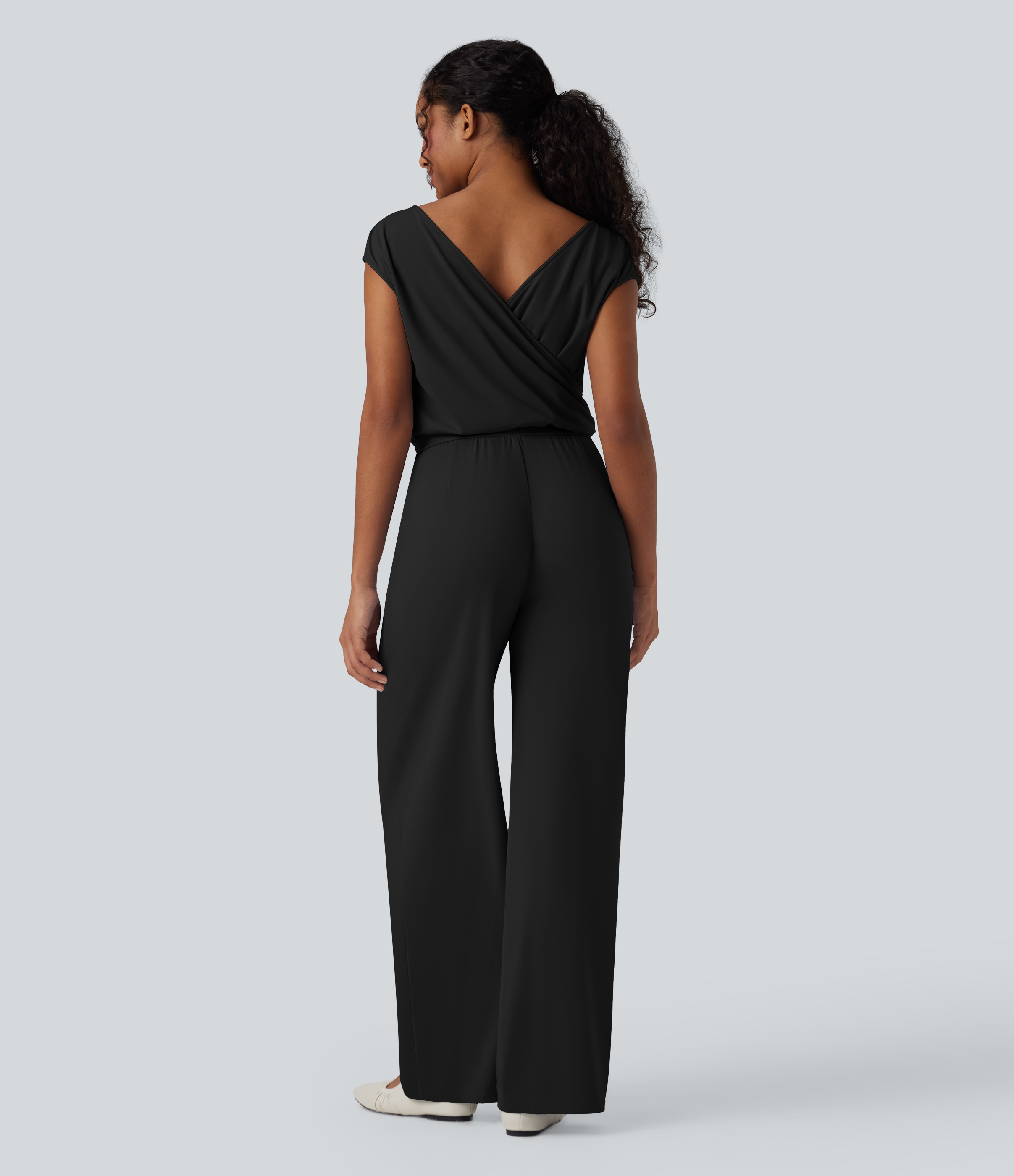  Airy Cowl Neck Cap Sleeve Straight Leg Cool Touch Casual Jumpsuit with Pockets
