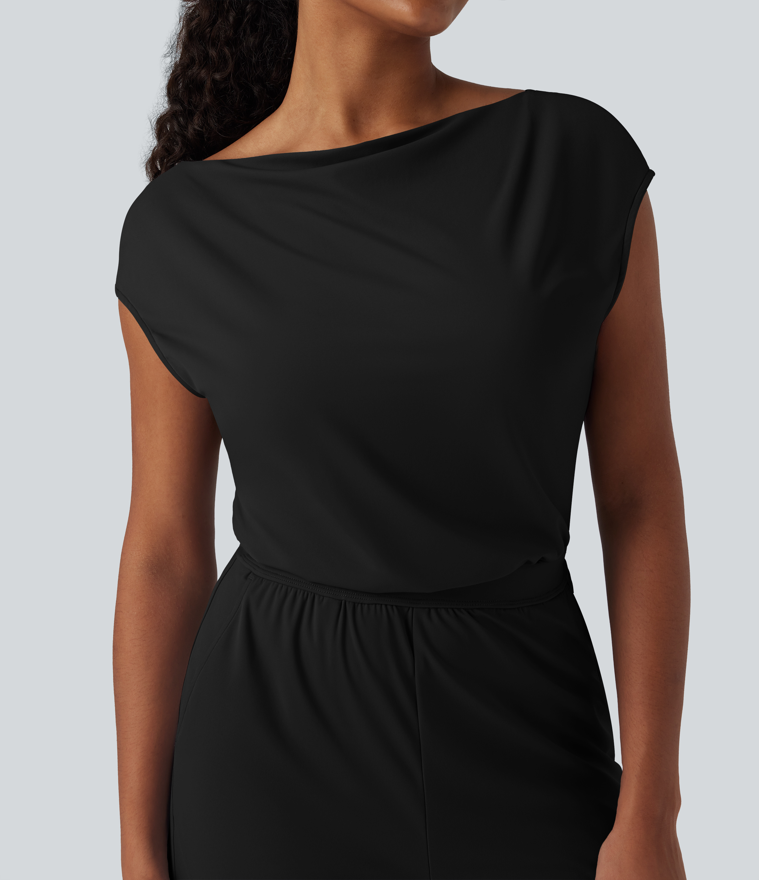  Airy Cowl Neck Cap Sleeve Straight Leg Cool Touch Casual Jumpsuit with Pockets