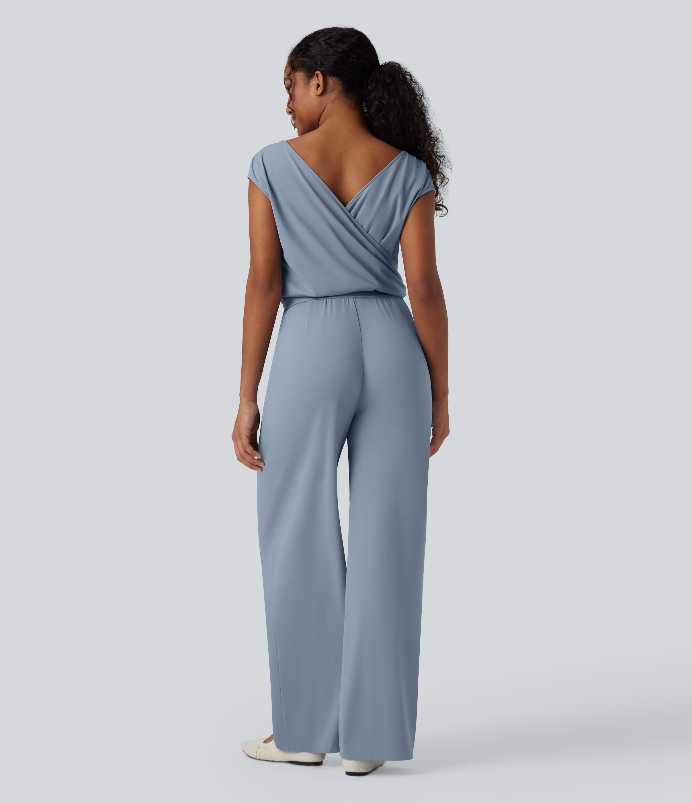  Airy Cowl Neck Cap Sleeve Straight Leg Cool Touch Casual Jumpsuit with Pockets