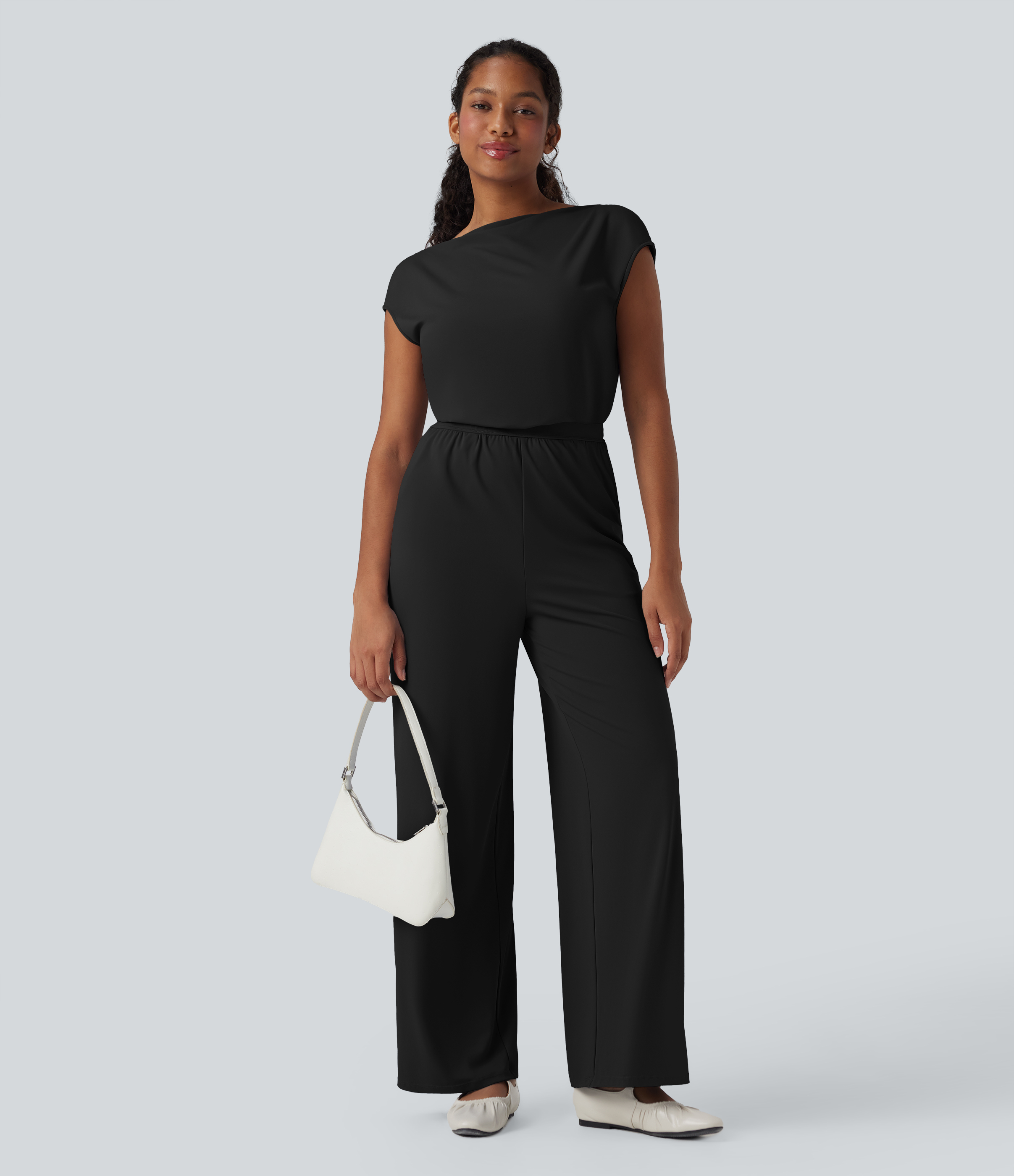  Airy Cowl Neck Cap Sleeve Straight Leg Cool Touch Casual Jumpsuit with Pockets