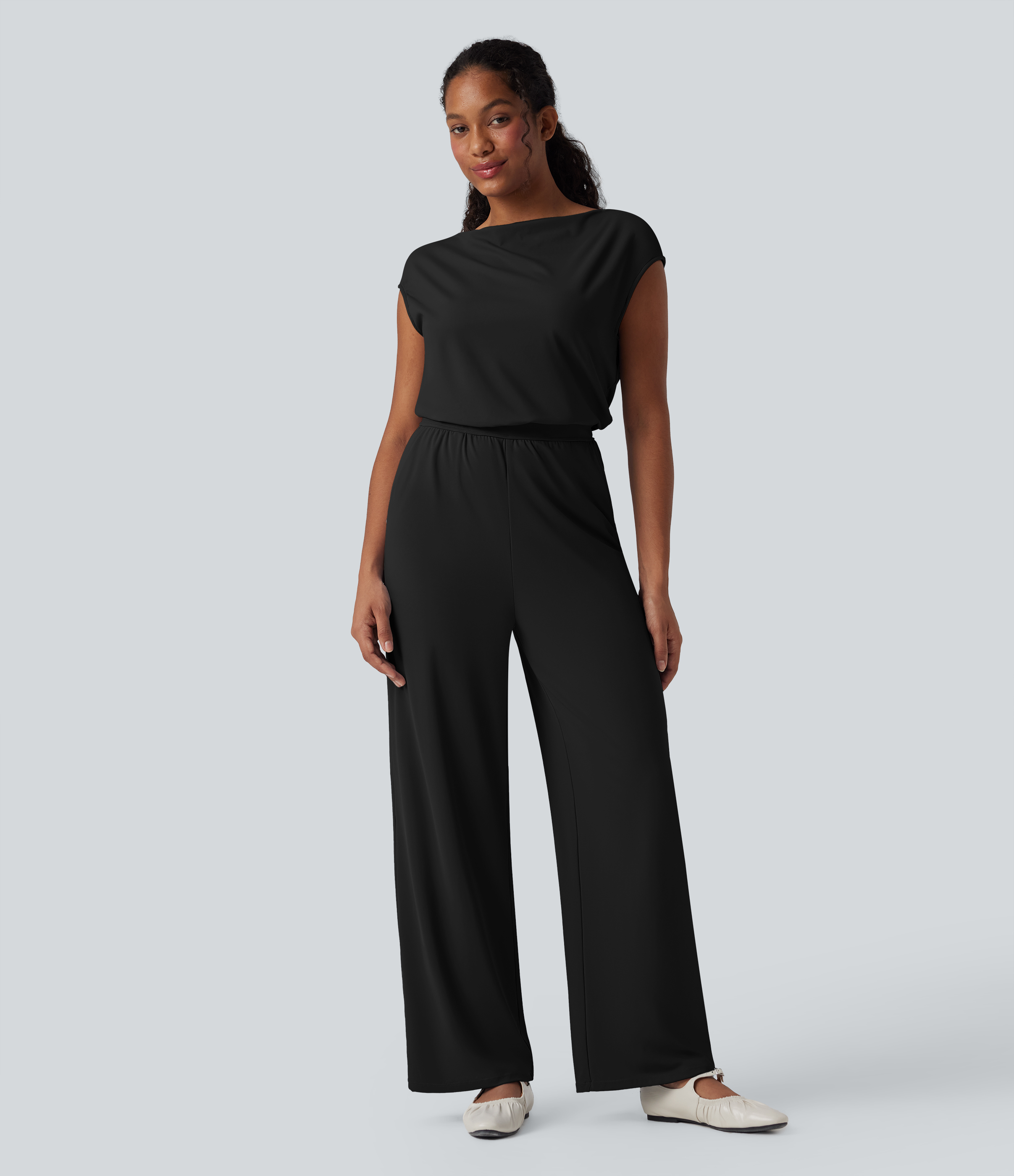  Airy Cowl Neck Cap Sleeve Straight Leg Cool Touch Casual Jumpsuit with Pockets