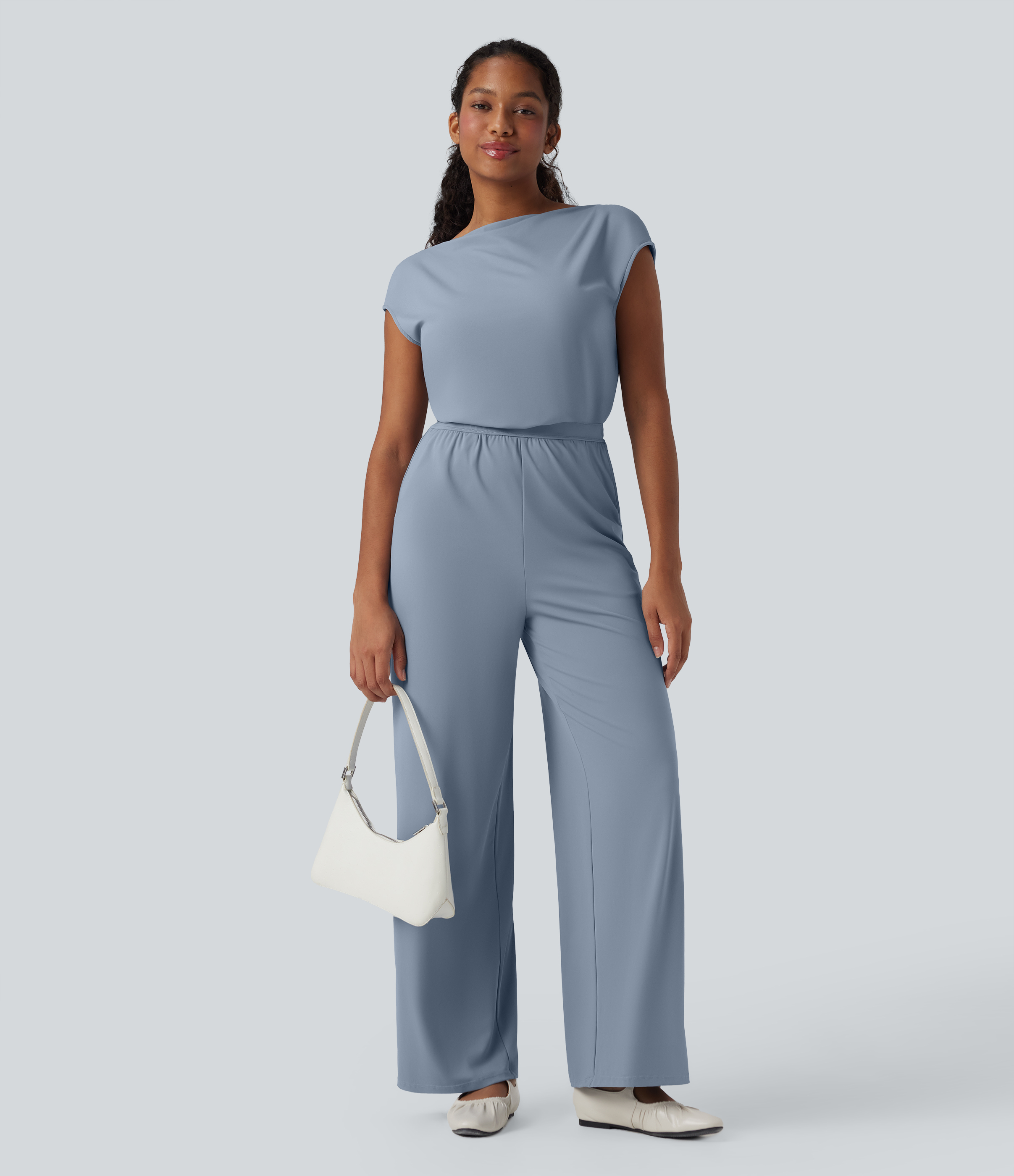  Airy Cowl Neck Cap Sleeve Straight Leg Cool Touch Casual Jumpsuit with Pockets