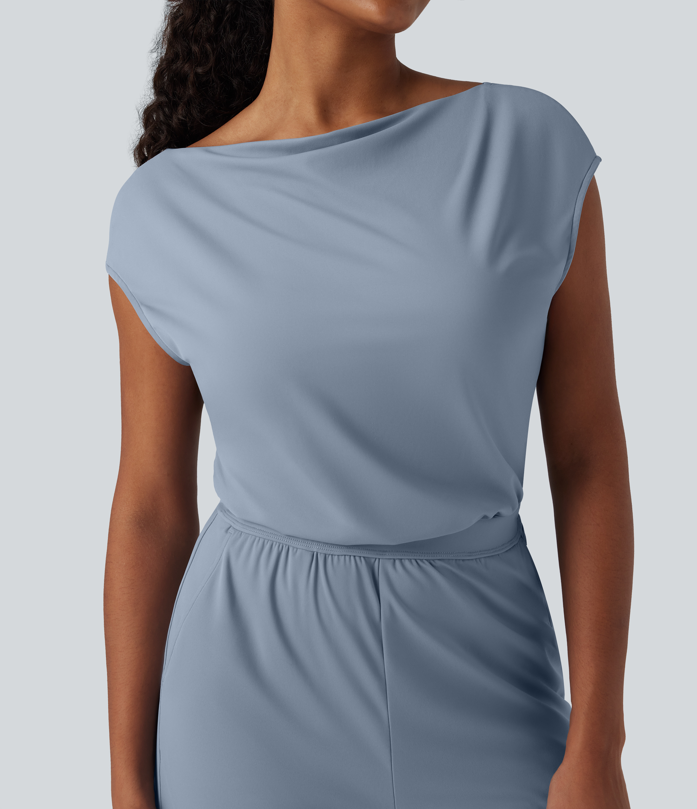  Airy Cowl Neck Cap Sleeve Straight Leg Cool Touch Casual Jumpsuit with Pockets