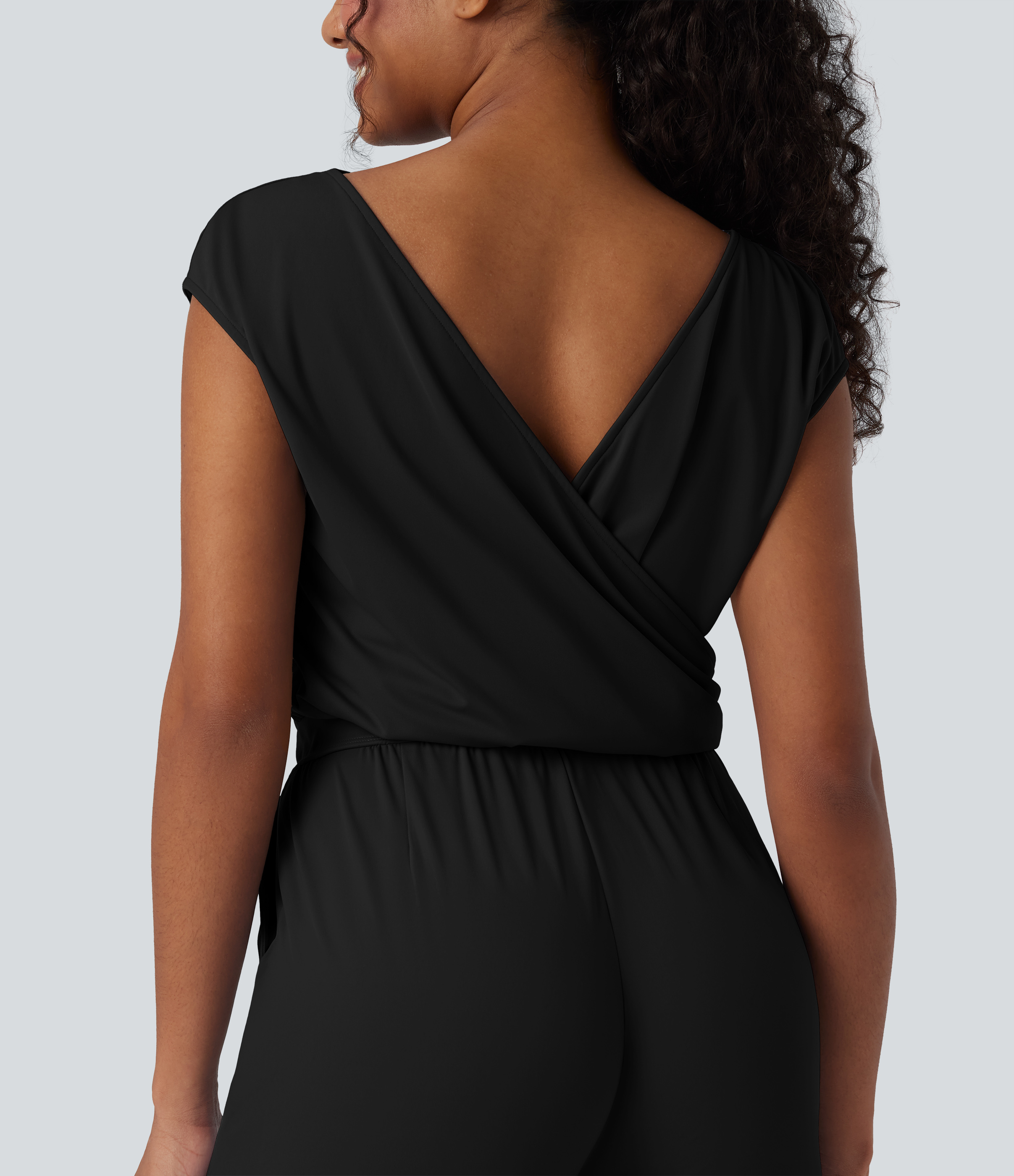  Airy Cowl Neck Cap Sleeve Straight Leg Cool Touch Casual Jumpsuit with Pockets