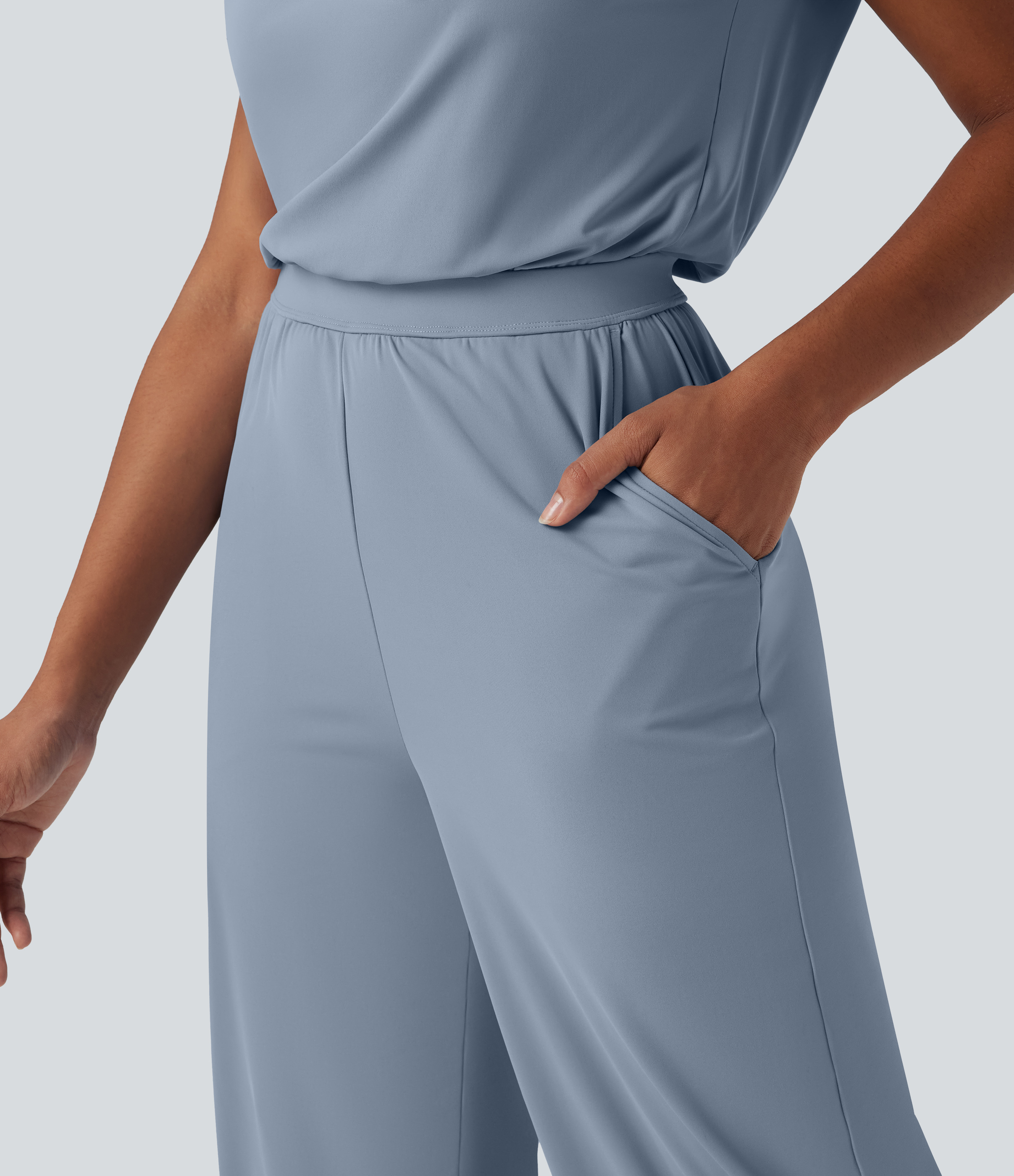  Airy Cowl Neck Cap Sleeve Straight Leg Cool Touch Casual Jumpsuit with Pockets
