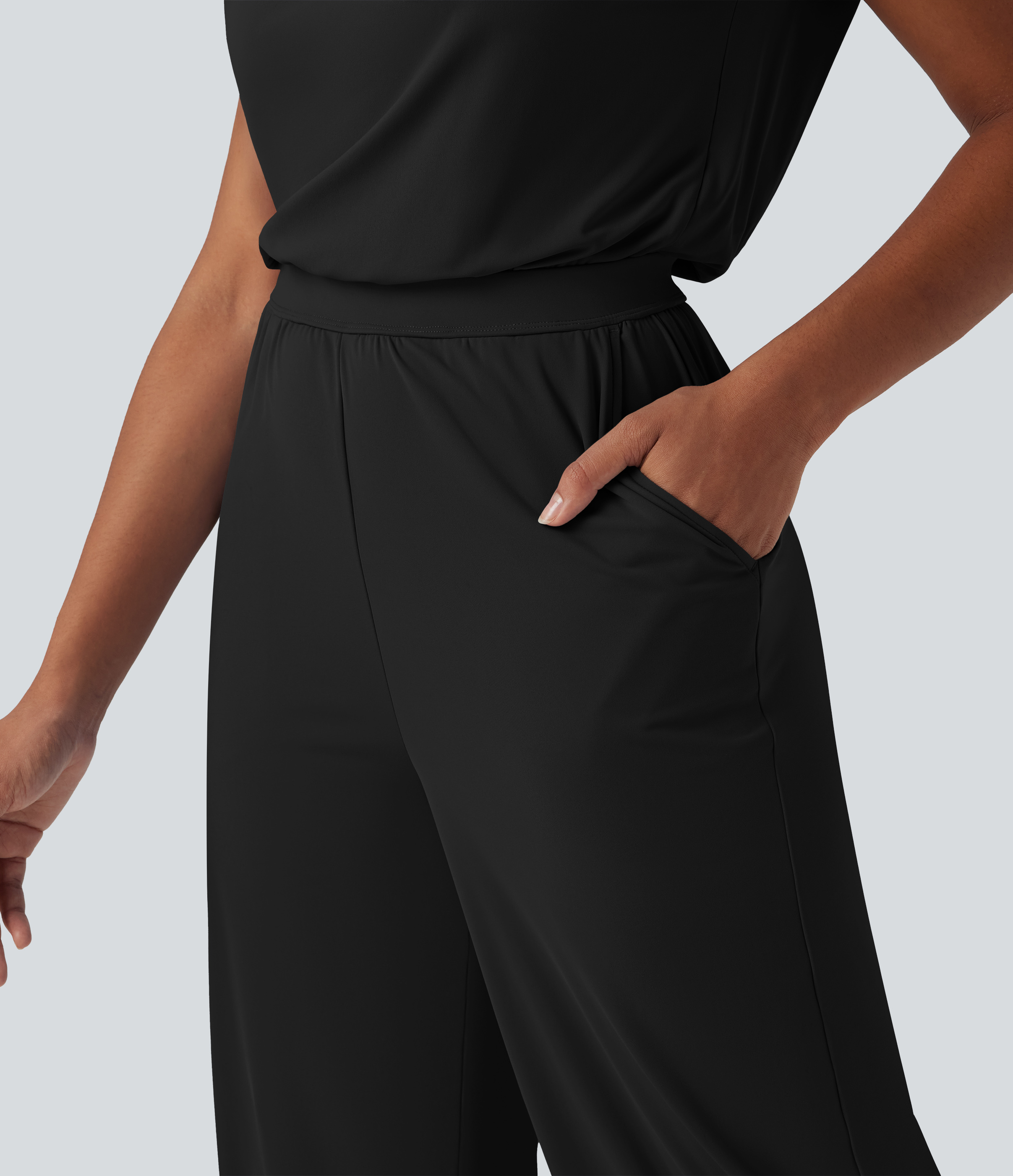  Airy Cowl Neck Cap Sleeve Straight Leg Cool Touch Casual Jumpsuit with Pockets