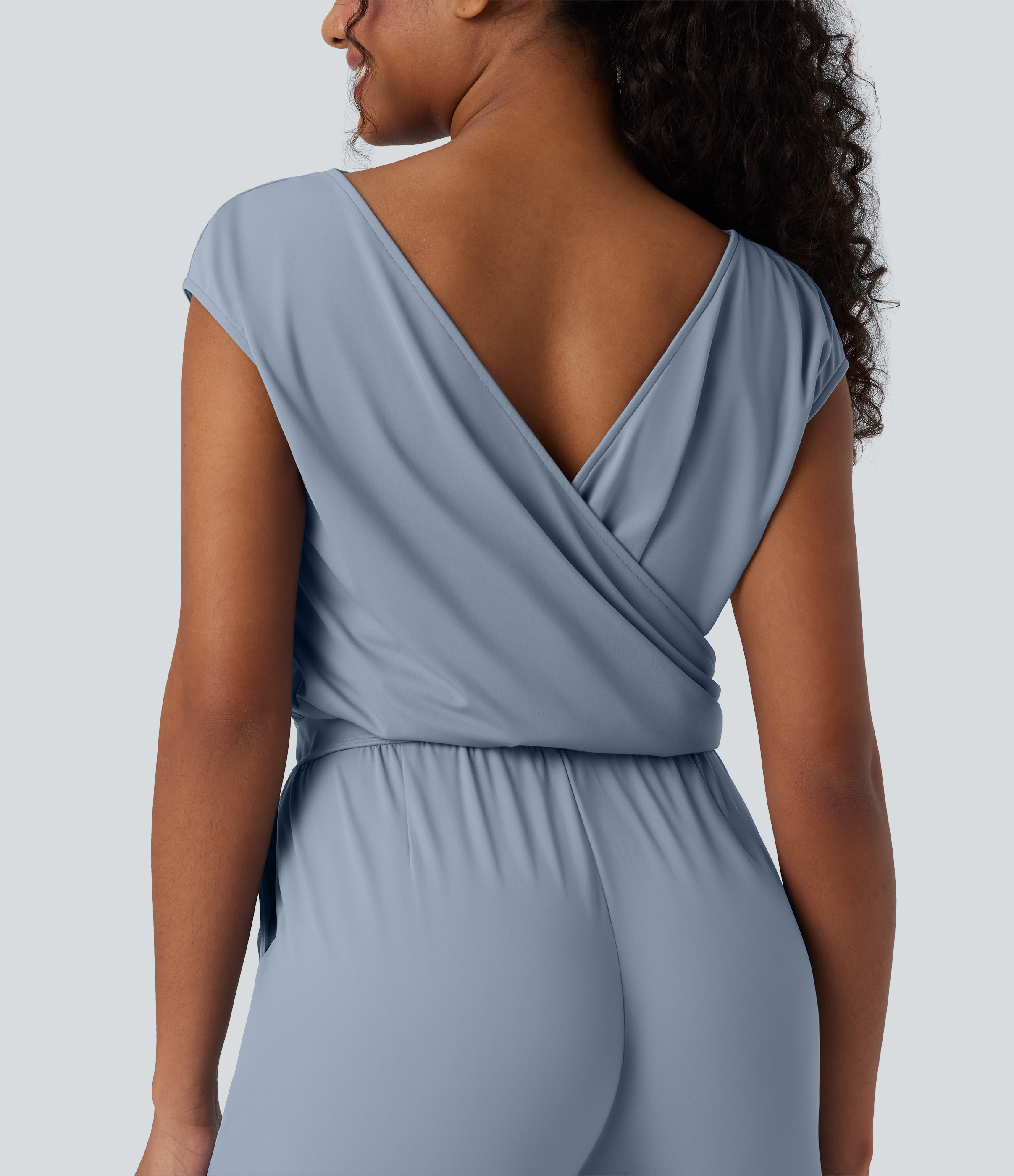  Airy Cowl Neck Cap Sleeve Straight Leg Cool Touch Casual Jumpsuit with Pockets
