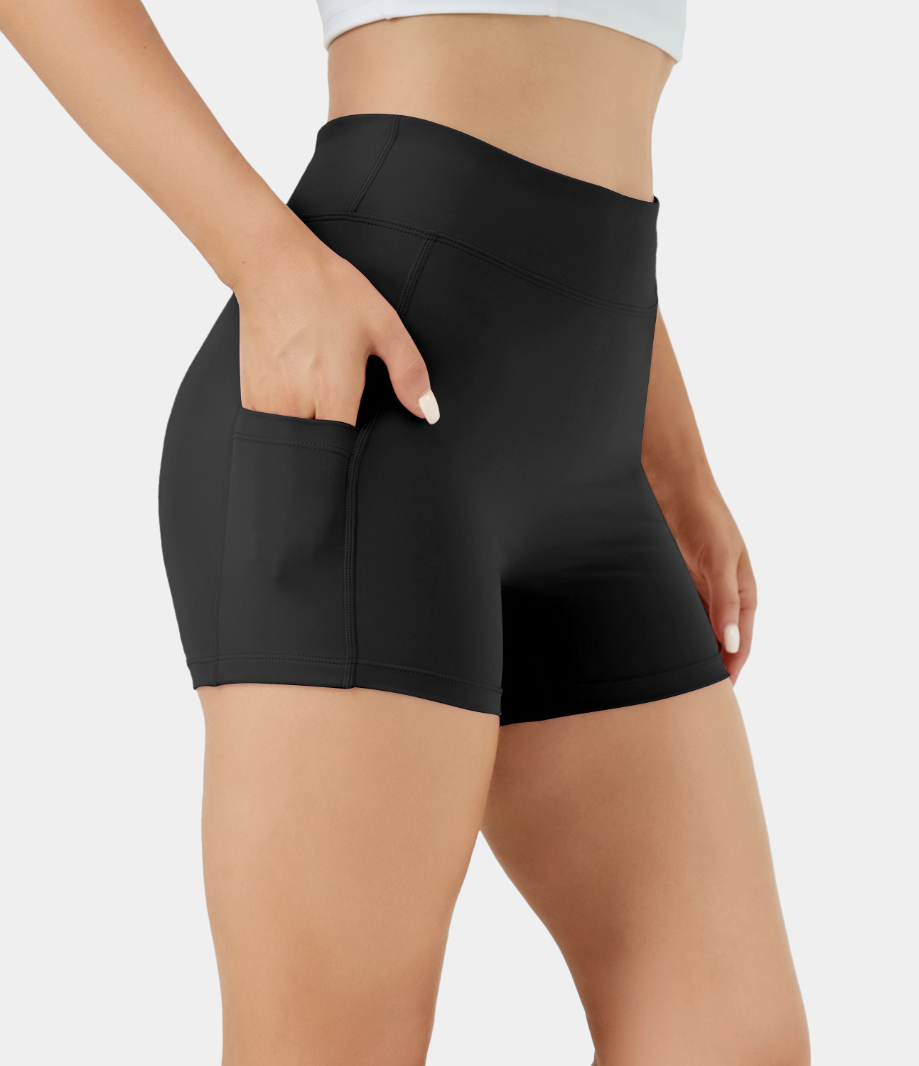 Airy High Waisted Side Pocket Plain Yoga Shorts 3.5"-UPF50+