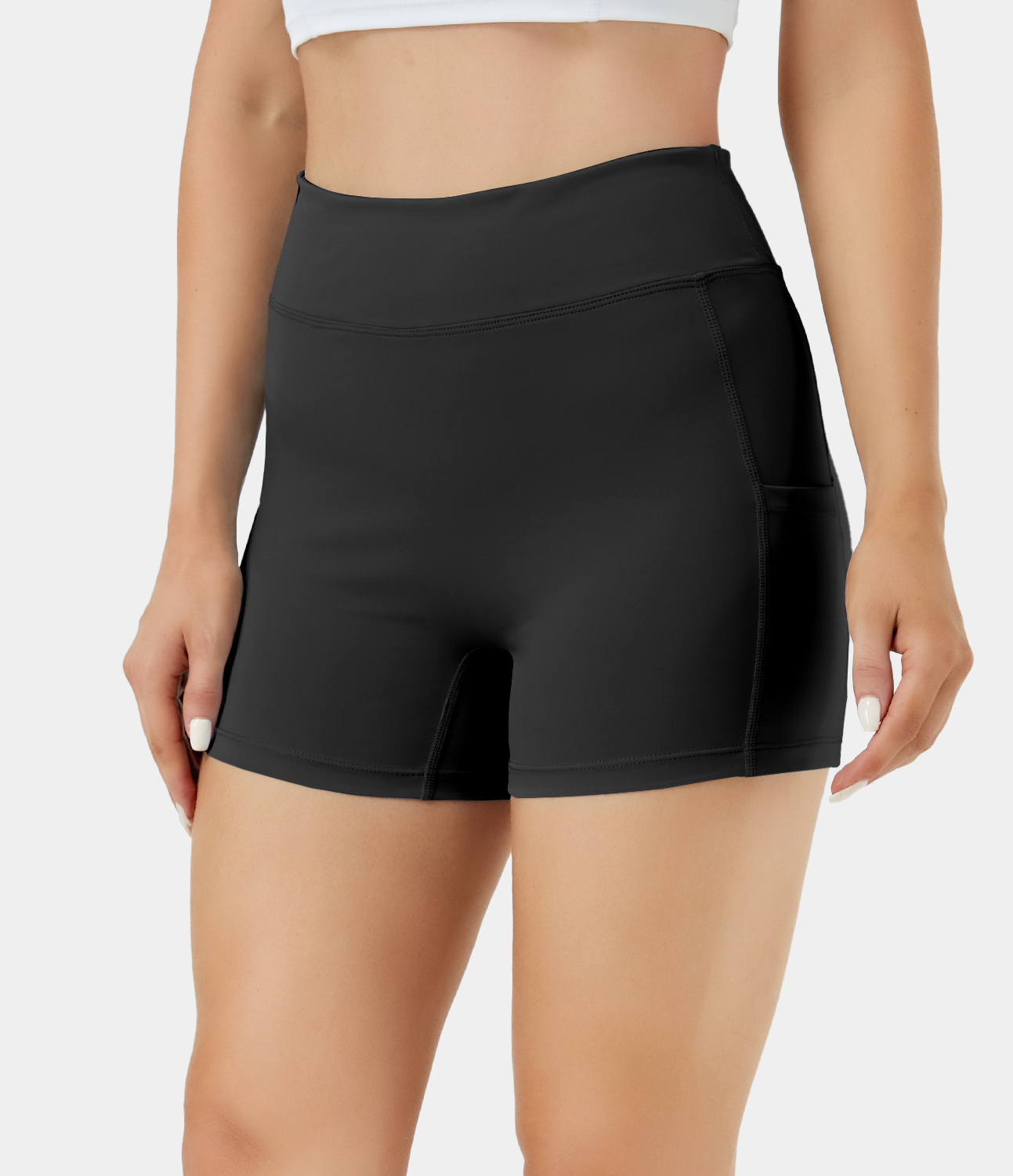 Airy High Waisted Side Pocket Plain Yoga Shorts 3.5"-UPF50+