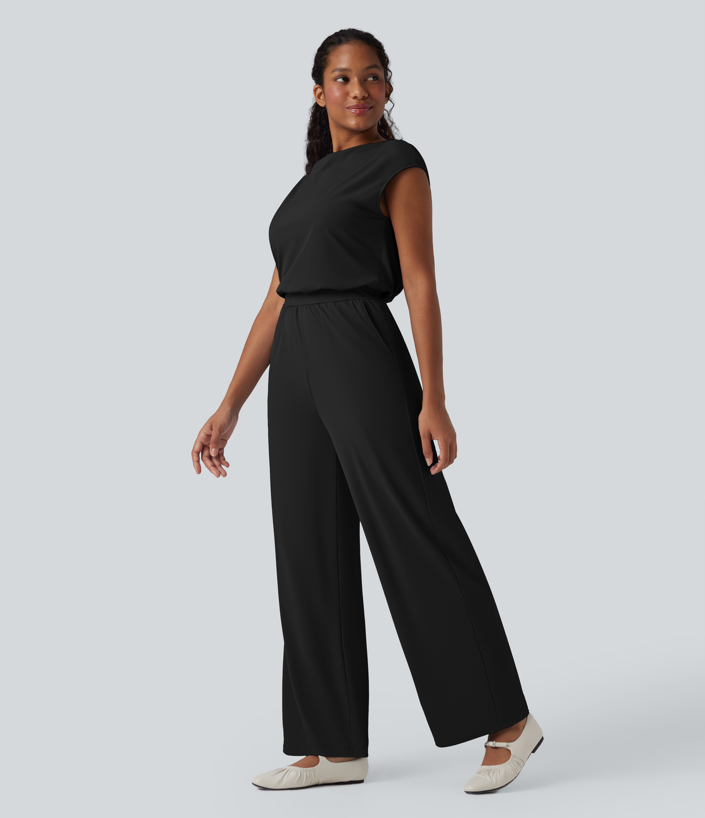  Airy Cowl Neck Cap Sleeve Straight Leg Cool Touch Casual Jumpsuit with Pockets