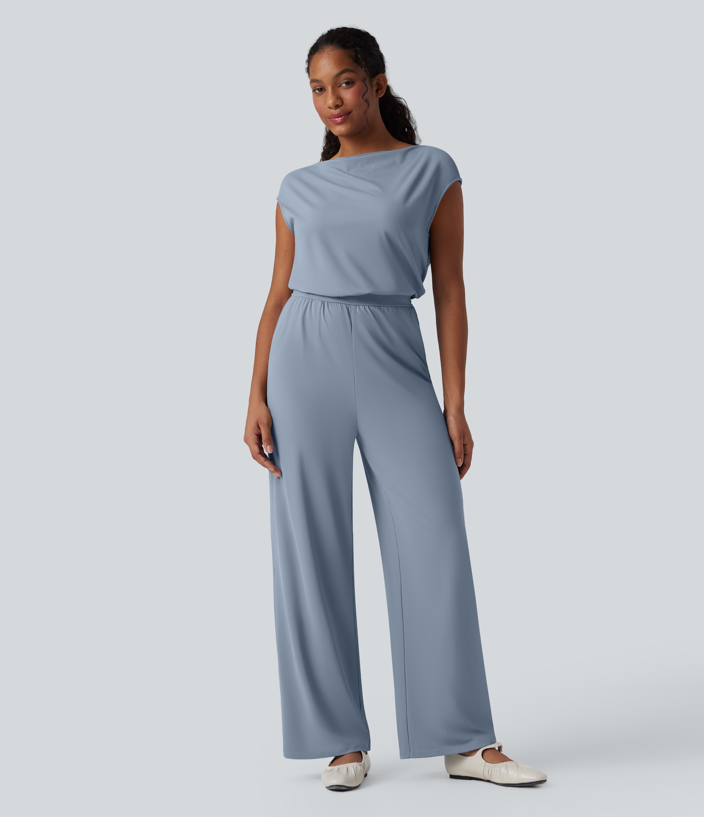  Airy Cowl Neck Cap Sleeve Straight Leg Cool Touch Casual Jumpsuit with Pockets