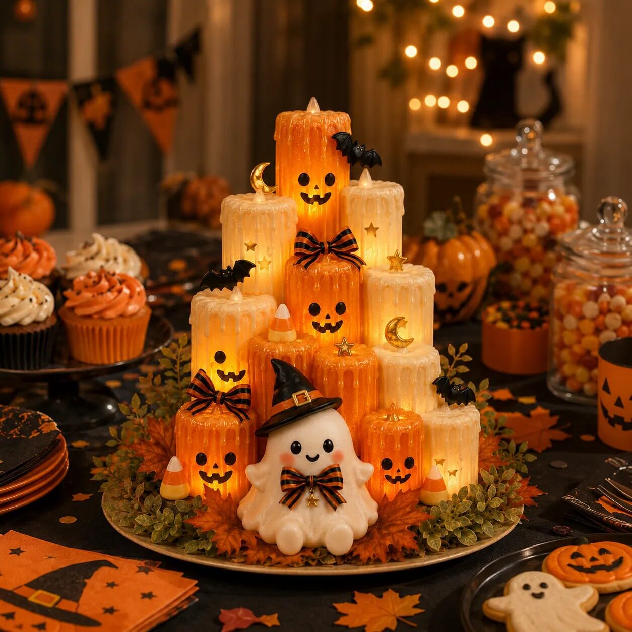 Halloween holiday party dinner table layout centerpiece display