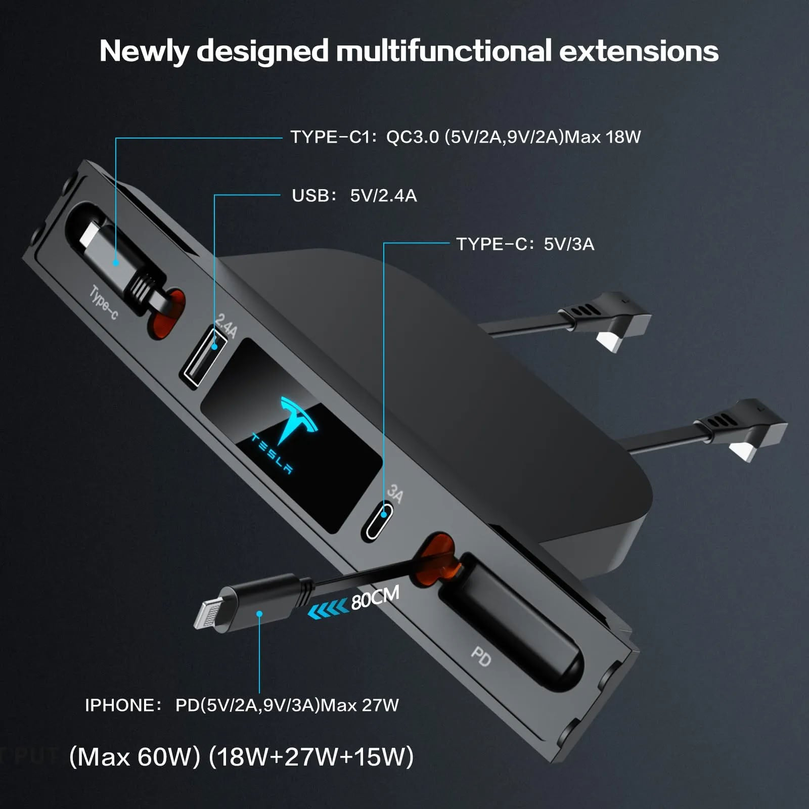 Retractable USB Hub for Tesla Model 3/Y