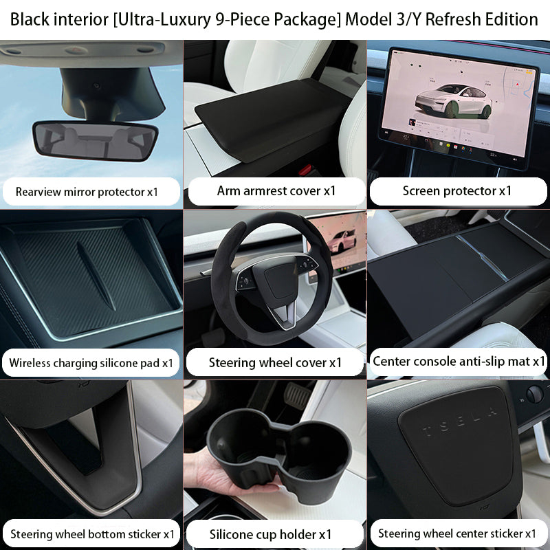 Steering Wheel Trim Cover for Tesla Model 3 Highland Model Y Juniper（Combo pack） Ultra-luxury 9-piece Set Black