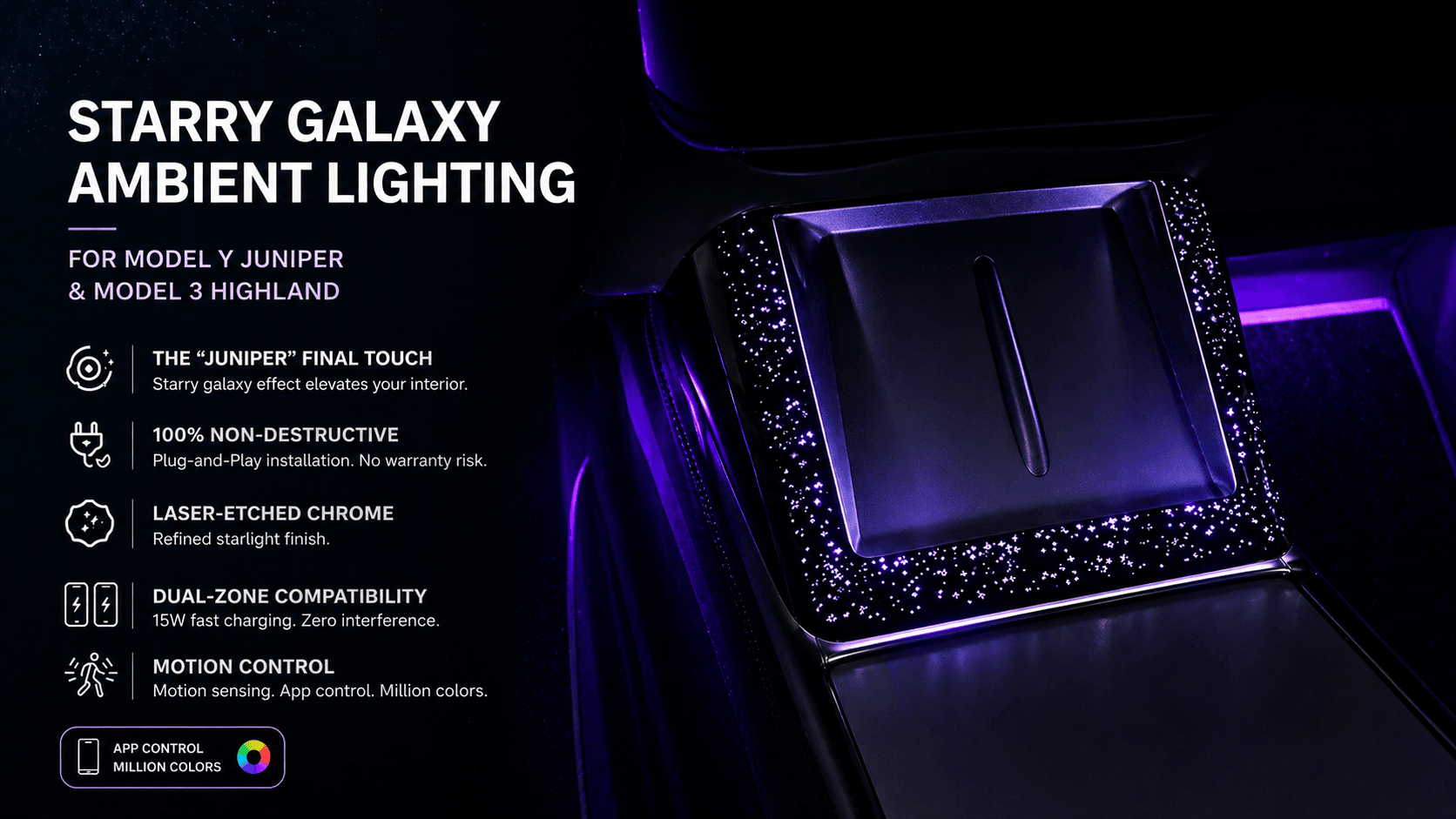 Starry Galaxy Wireless Charging Port Ambient Light for Tesla Model 3 Highland and Model Y Juniper