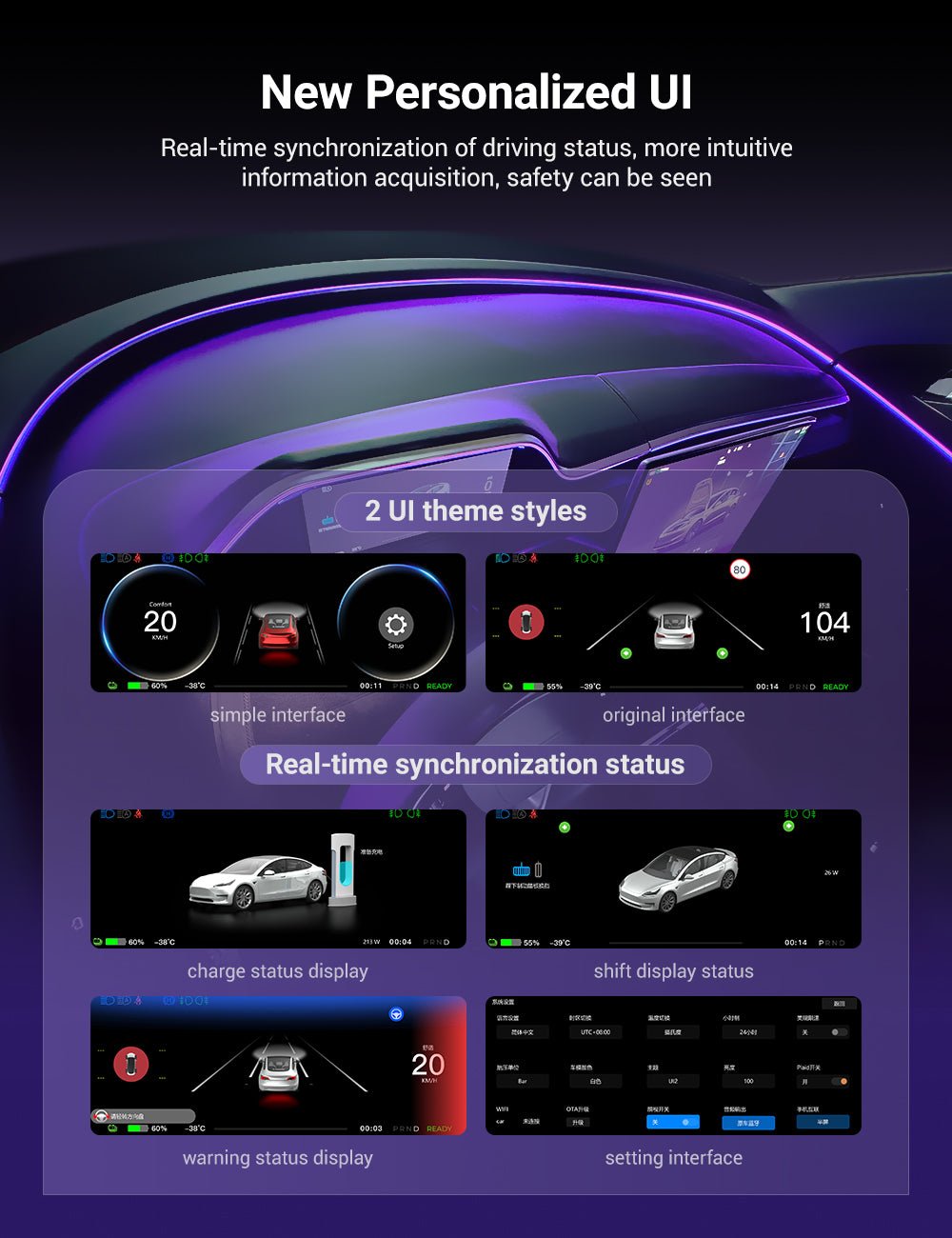 8.9'' Integrated Dashboard Display with Ambient Lighting for Tesla Model 3 / Y