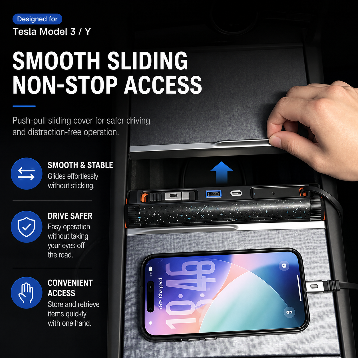 Starlight Retractable Charging Hub with Sliding Console Cover for Tesla Model 3 2023.11+ / Y 2025.03+