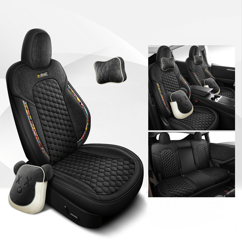 Cotton-Linen Seat Covers for Tesla Model 3 Model 3 (2017-2023.10) Samurai Black YES