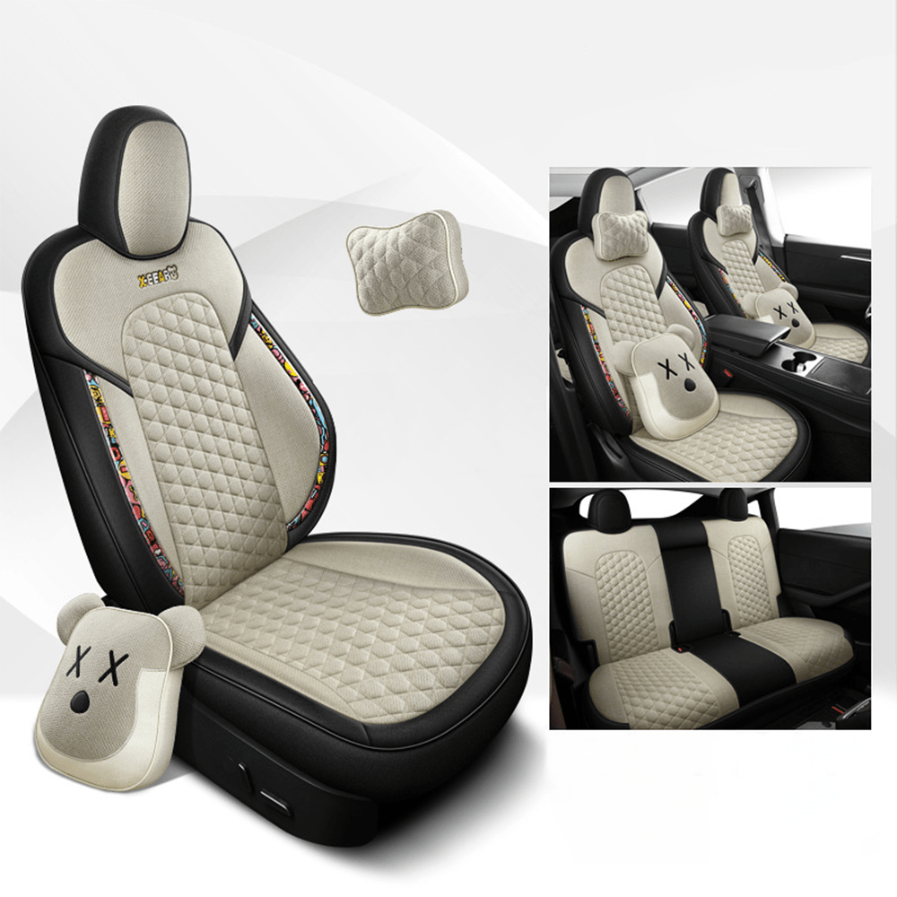 Cotton-Linen Seat Covers for Tesla Model 3 Model 3 (2017-2023.10) Ivory White YES