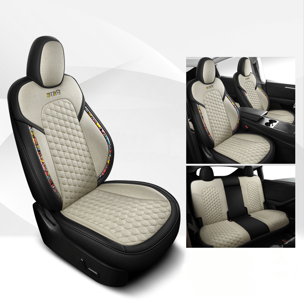 Cotton-Linen Seat Covers for Tesla Model 3 Model 3 (2017-2023.10) Ivory White NO