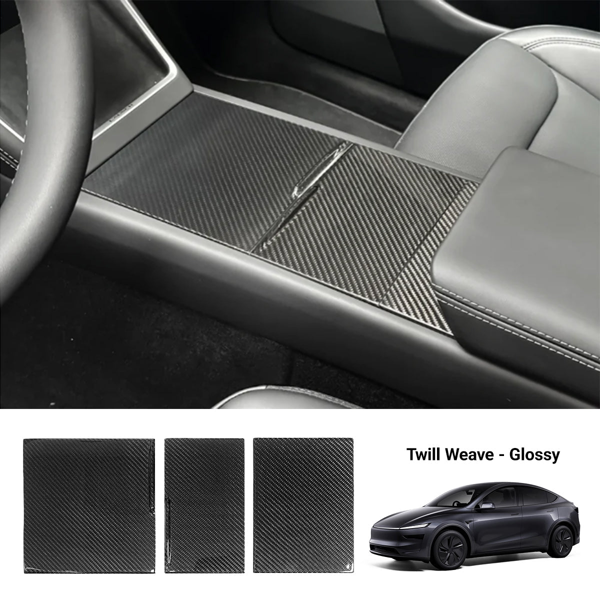 Dry Carbon Fiber Center Console Cover For Tesla Model Y Juniper / Model 3 Highland Glossy Twill Weave