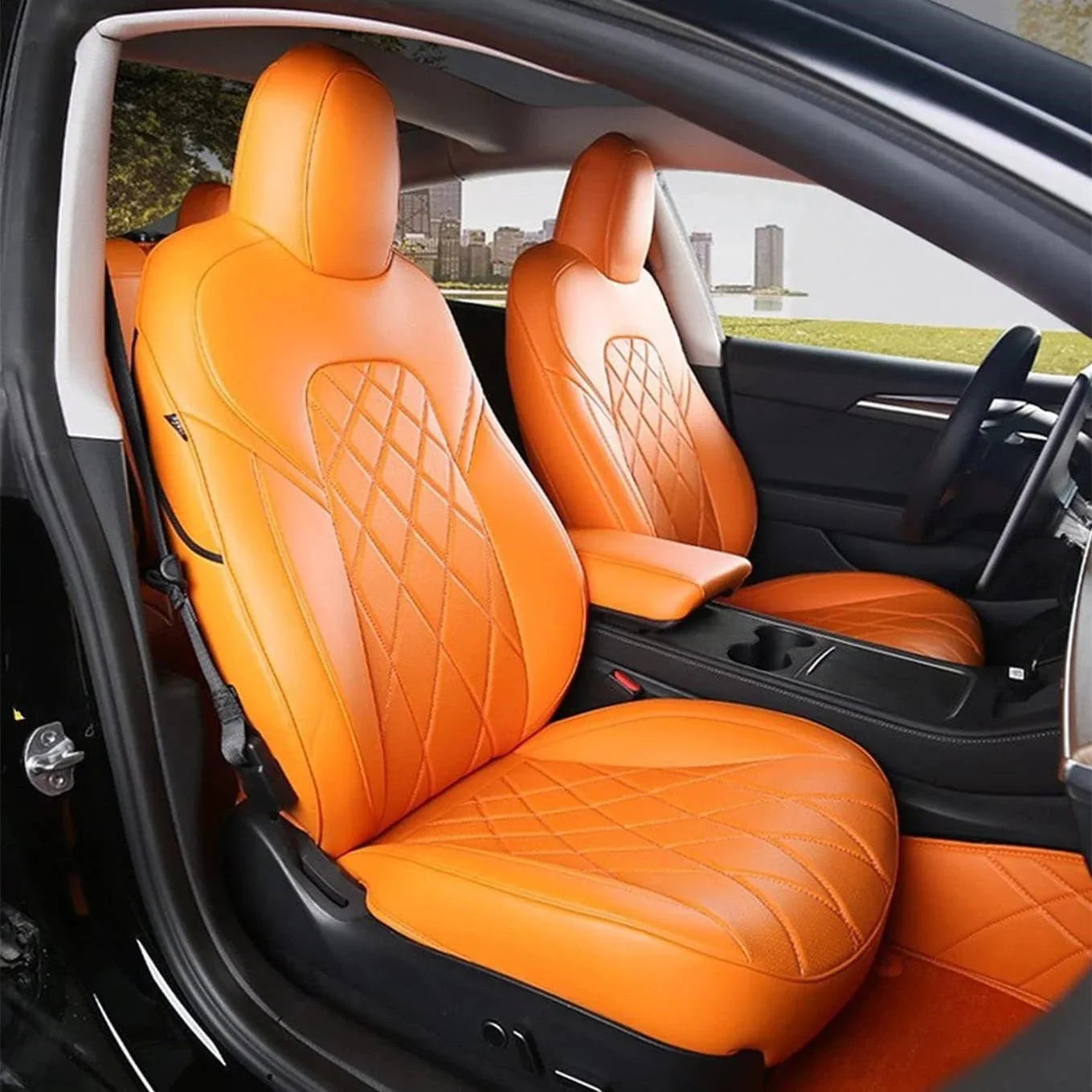 Leather Seat Covers for Model 3 & Model Y Model 3 (2017-2023.10) Orange (Checkered)