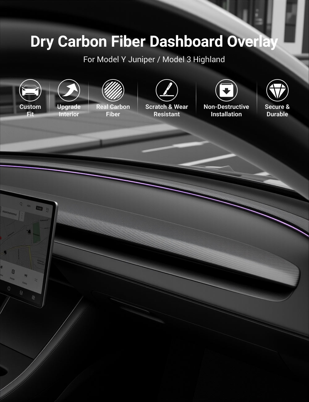Real Dry Carbon Fiber Dashboard Cover for Model 3 Highland / Model Y Juniper