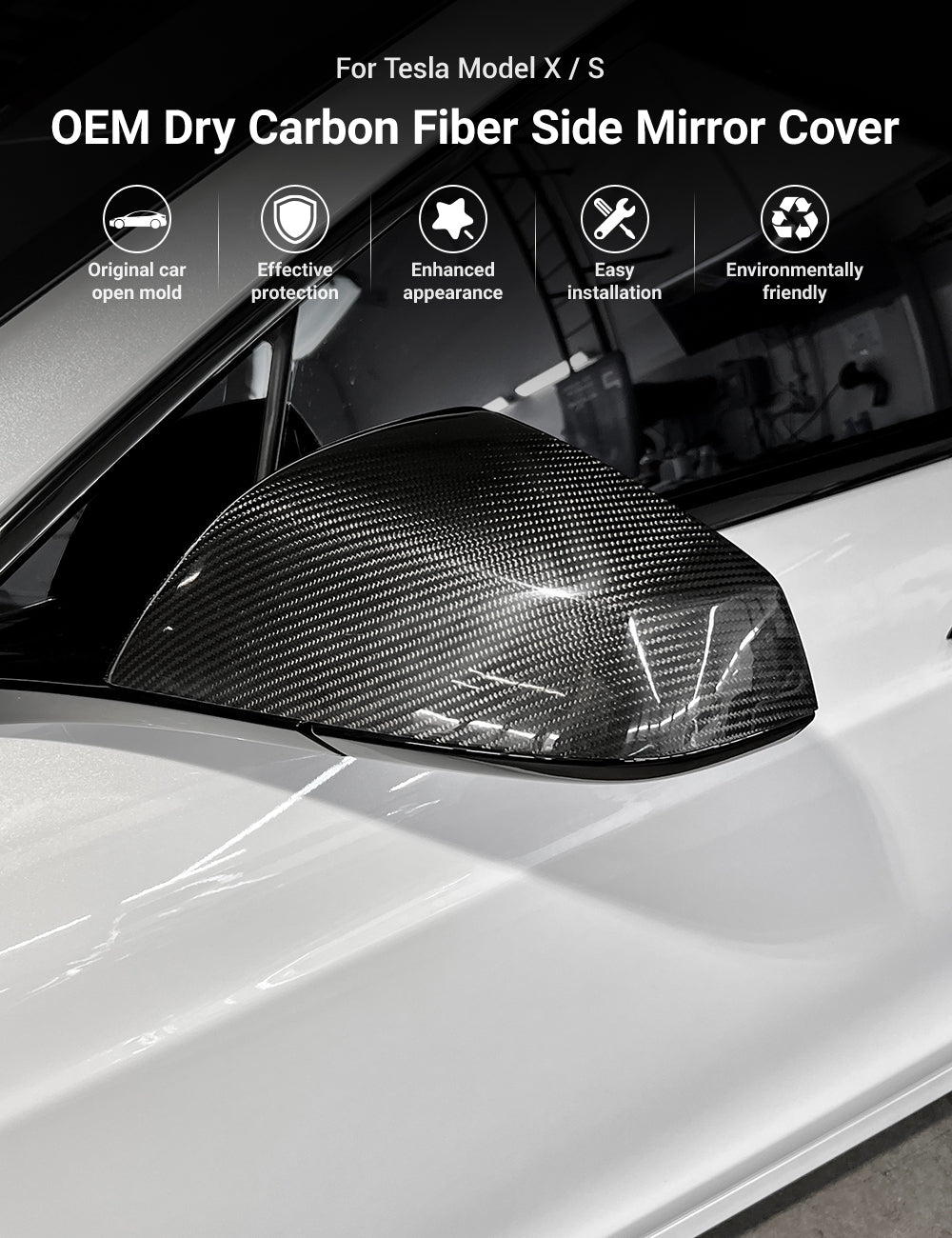 Tesla Model S/X Dry Carbon Fiber OEM-Style Side Mirror Covers