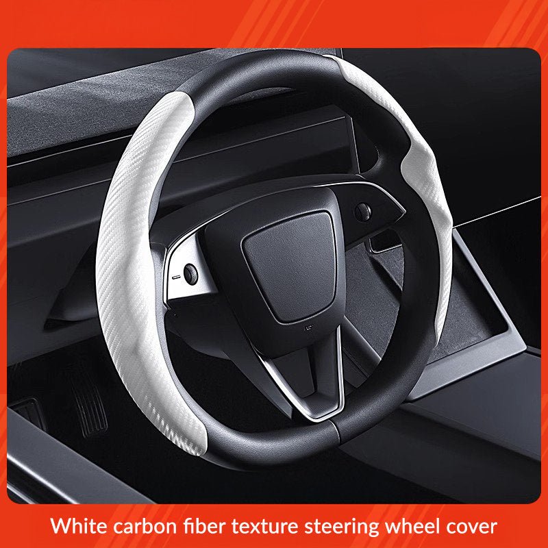 Suede Sport Steering Wheel Cover for Tesla Model 3 /Y White Carbon Fiber Pattern