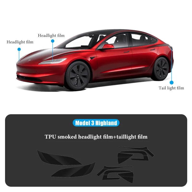 TPU HD Front and Rear Light Protective Film for Tesla Model 3 Highland 2024+ Smoked Black Film Headlight+Tail Light Model 3 Highland