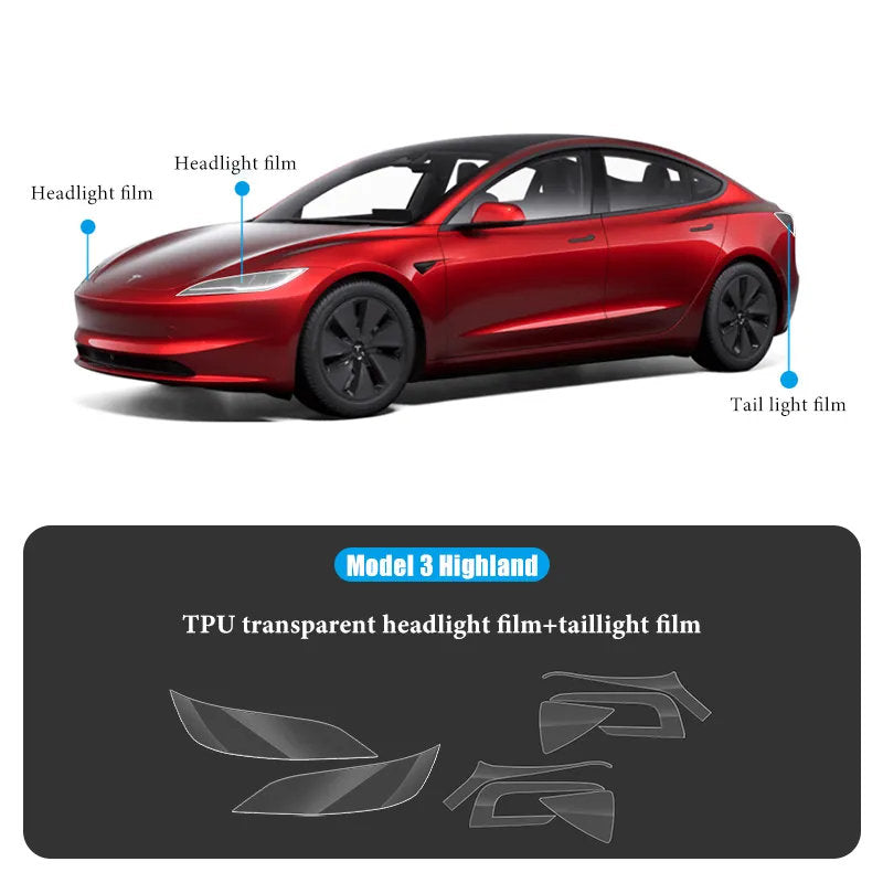 TPU HD Front and Rear Light Protective Film for Tesla Model 3 Highland 2024+ Transparent Film Headlight+Tail Light Model 3 Highland
