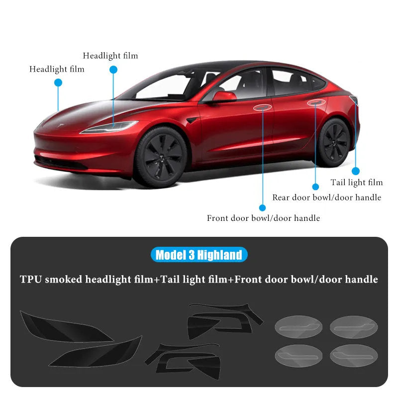TPU HD Front and Rear Light Protective Film for Tesla Model 3 Highland 2024+ Smoked Black Film Headlight+Tail Light+Front Door Bowl Door Handle Model 3 Highland