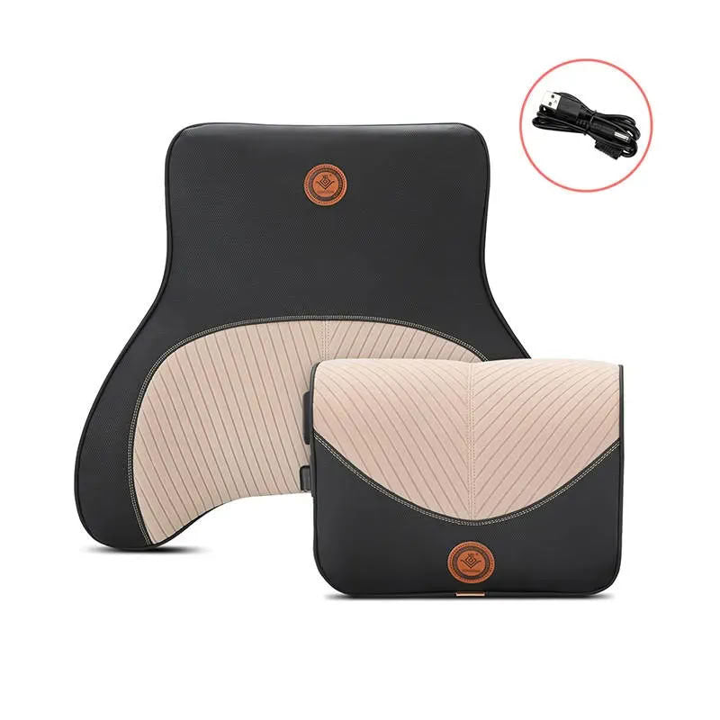 Tesla Electric Massage Headrest | 3D Neck & Lumbar Support Beige Headrest + Lumbar Support