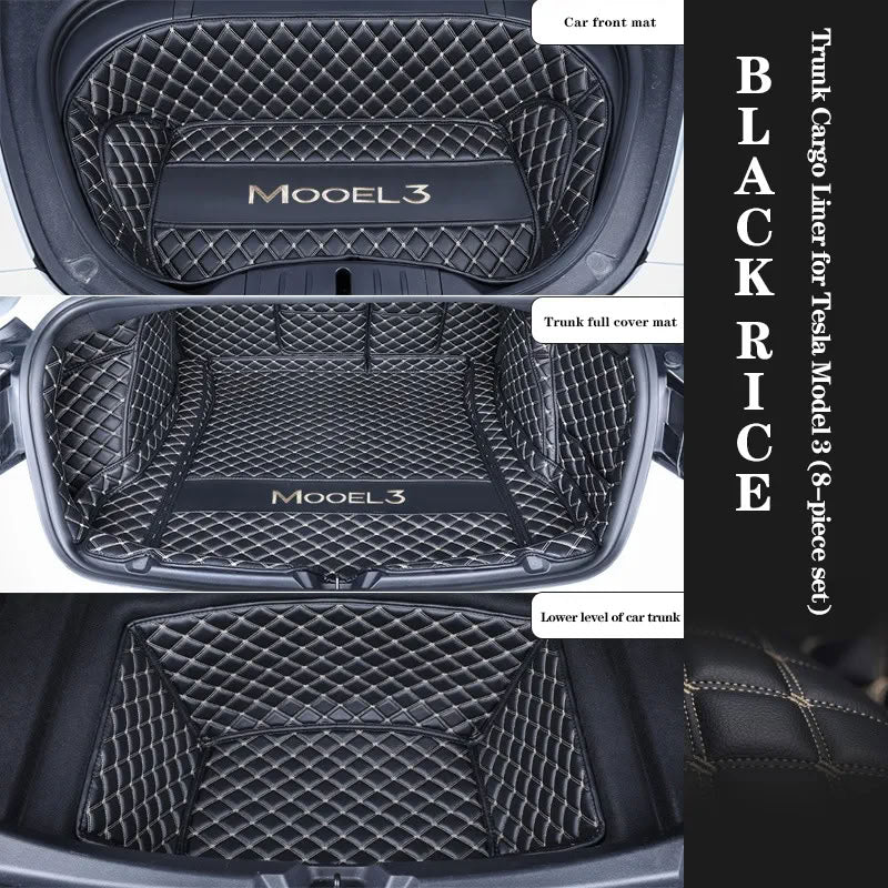 Tesla Model 3 Trunk Mats (8-Piece Set) - Waterproof, Soundproof, Stain-Resistant Black Rice