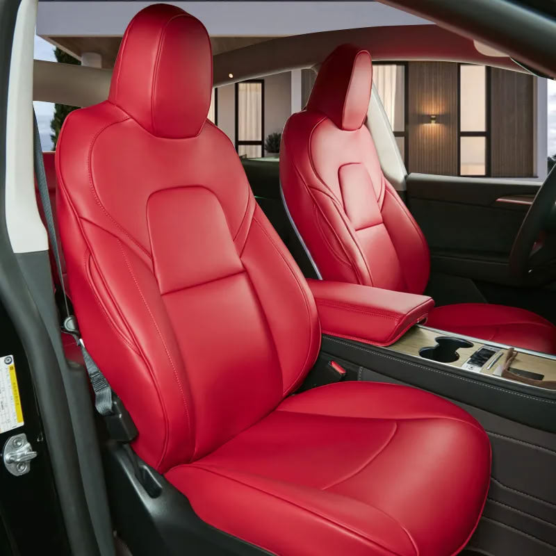 Tesla Model 3/Y Nappa Leather Seat Covers (5-Seat Models) – Airbag & Seat Belt Compatible Red