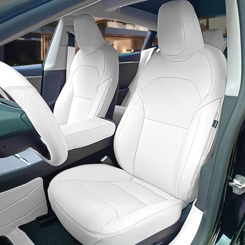 Tesla Model 3/Y Nappa Leather Seat Covers (5-Seat Models) – Airbag & Seat Belt Compatible White