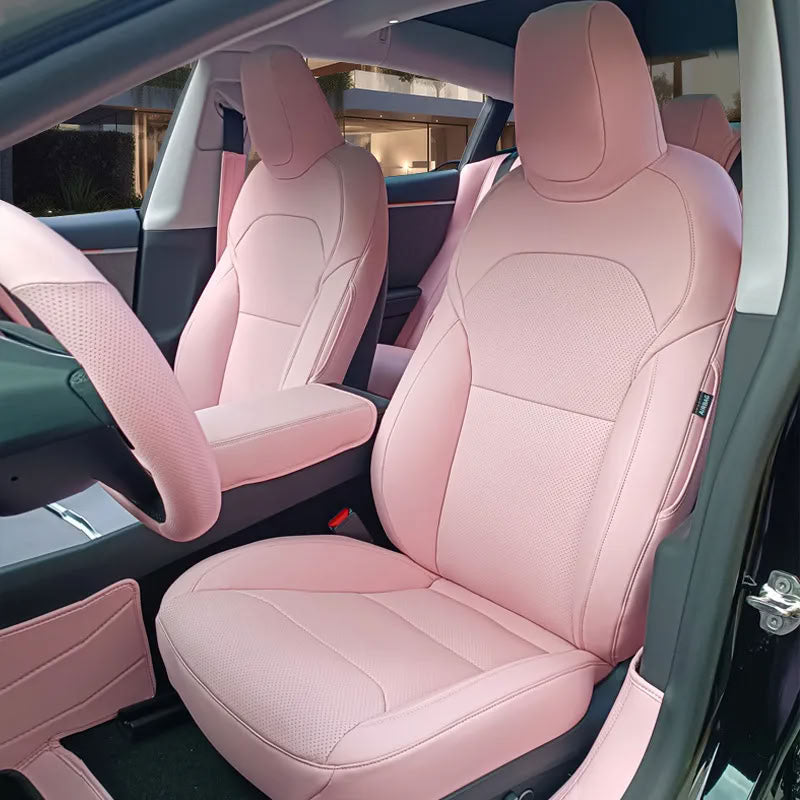 Tesla Model 3/Y Nappa Leather Seat Covers (5-Seat Models) – Airbag & Seat Belt Compatible Pink