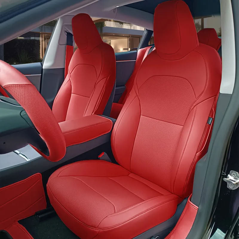 Tesla Model 3/Y Nappa Leather Seat Covers (5-Seat Models) – Airbag & Seat Belt Compatible Red