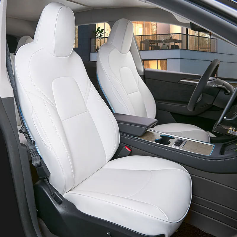Tesla Model 3/Y Nappa Leather Seat Covers (5-Seat Models) – Airbag & Seat Belt Compatible White